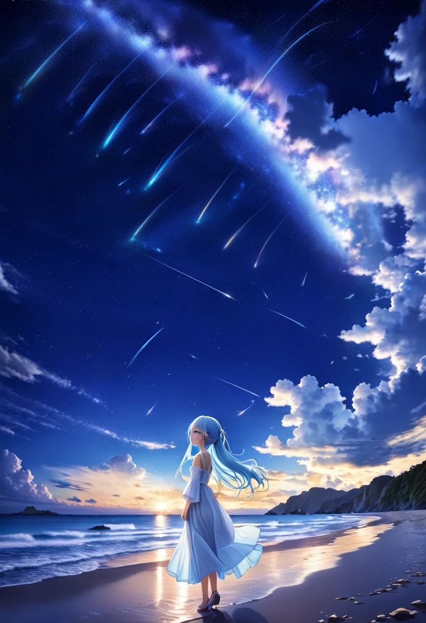 Night sky beach、Lots of shooting stars、Light blue long hair、Beautiful girl with twin tails、White long dress、Looking up at a shooting star
