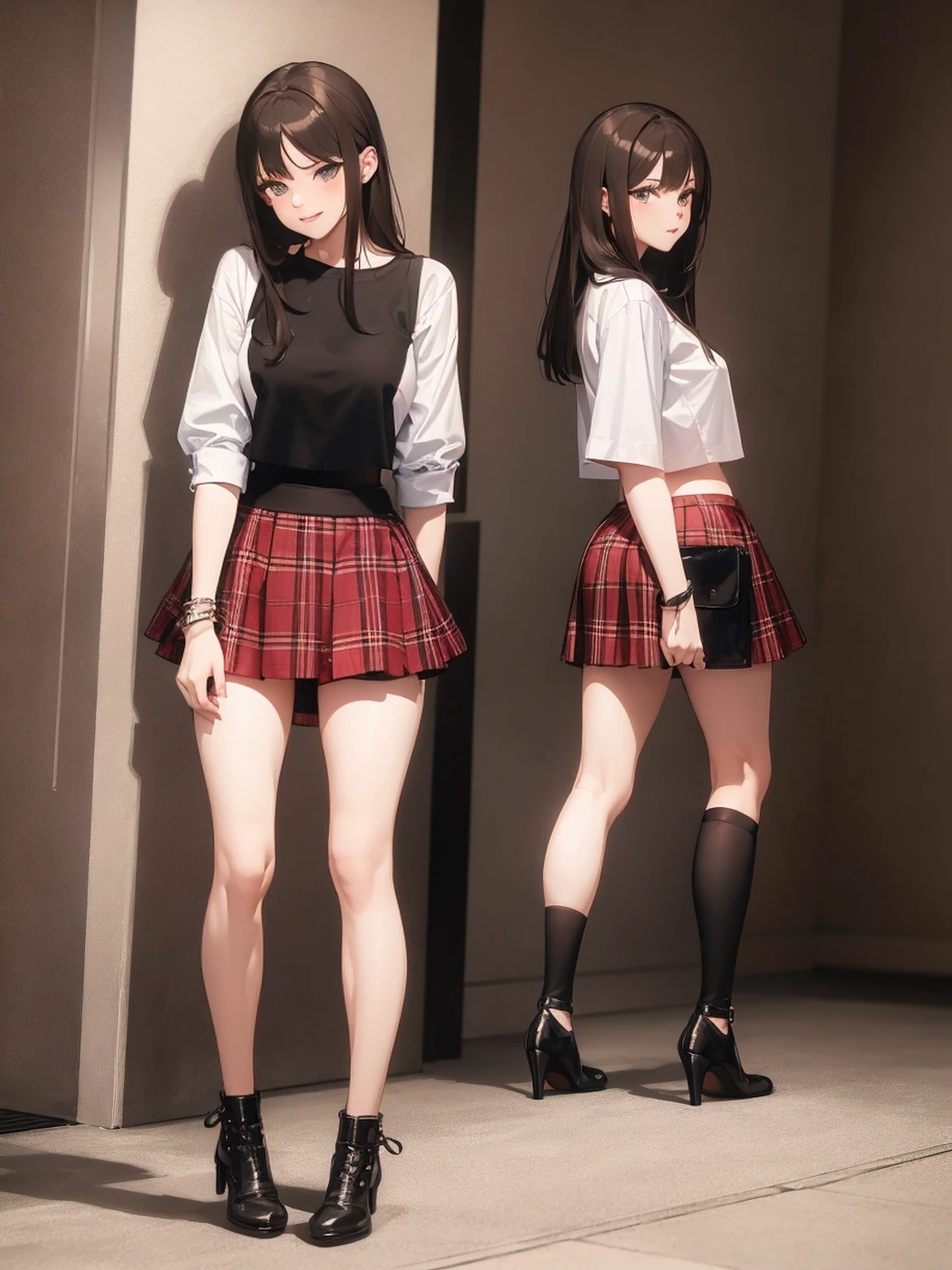 (masterpiece), best quality, expressive eyes, perfect face, 1girl, high_heels, ass, ground_vehicle, skirt, motor_vehicle, car, solo, looking_back, tight_crop_top, bracelet, microskirt:1.3, long_hair, no_panties, bottomless, from_behind, pink_skirt, looking_at_viewer, standing, midriff, shirt, lips, miniskirt, croptop, plaid_skirt, brown_hair, black_hair, shoes, blushing_smile, brown_eyes, shadow, (thong), pleated_skirt, full_body, tight_white_shirt, slutty_adolescent_physique:1.3, thigh_highs