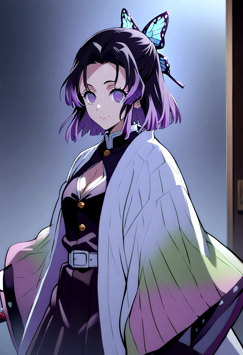 MitsuriKanroji, 1girl, solo, looking at viewer, eyes green, standing, white belt, buttons, black shirt, cleavage cutout, white jacket, black miniskirt, lime thighhighs, smile, blurry background, night, fog, outdoors, kiss EFT_Shinobu, 1girl, kochou shinobu, demon slayer uniform, butterfly hair ornament, solo, hair ornament, weapon, sword, purple hair, multicolored hair, purple eyes, black hair, japanese clothes, gradient hair, haori, belt, katana, short hair, sheath, long sleeves, empty eyes, parted bangs, jacket, no pupils, bangs, white belt, blurry background, indoors, upper body, blurry