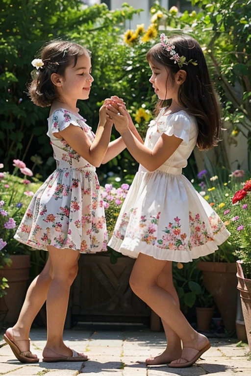 in the garden, full of flowers, Under the sunshine,  girls in floral dresses dancing