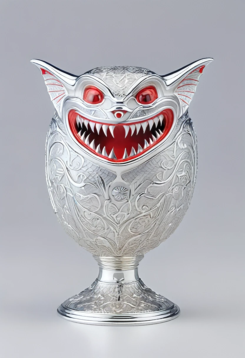 Silver cup, It bears the pattern of a bat with its mouth open, Her eyes are shining red, His mouth is radiant, White background.