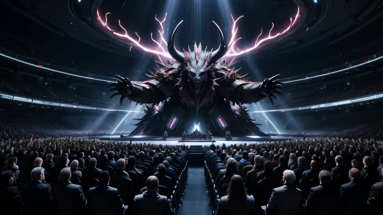 A futuristic scene of people worshiping the beast from Revelation 13:1-10, a powerful and fearsome creature with seven heads and ten horns, glowing with a sinister light, masses of people bowing down.