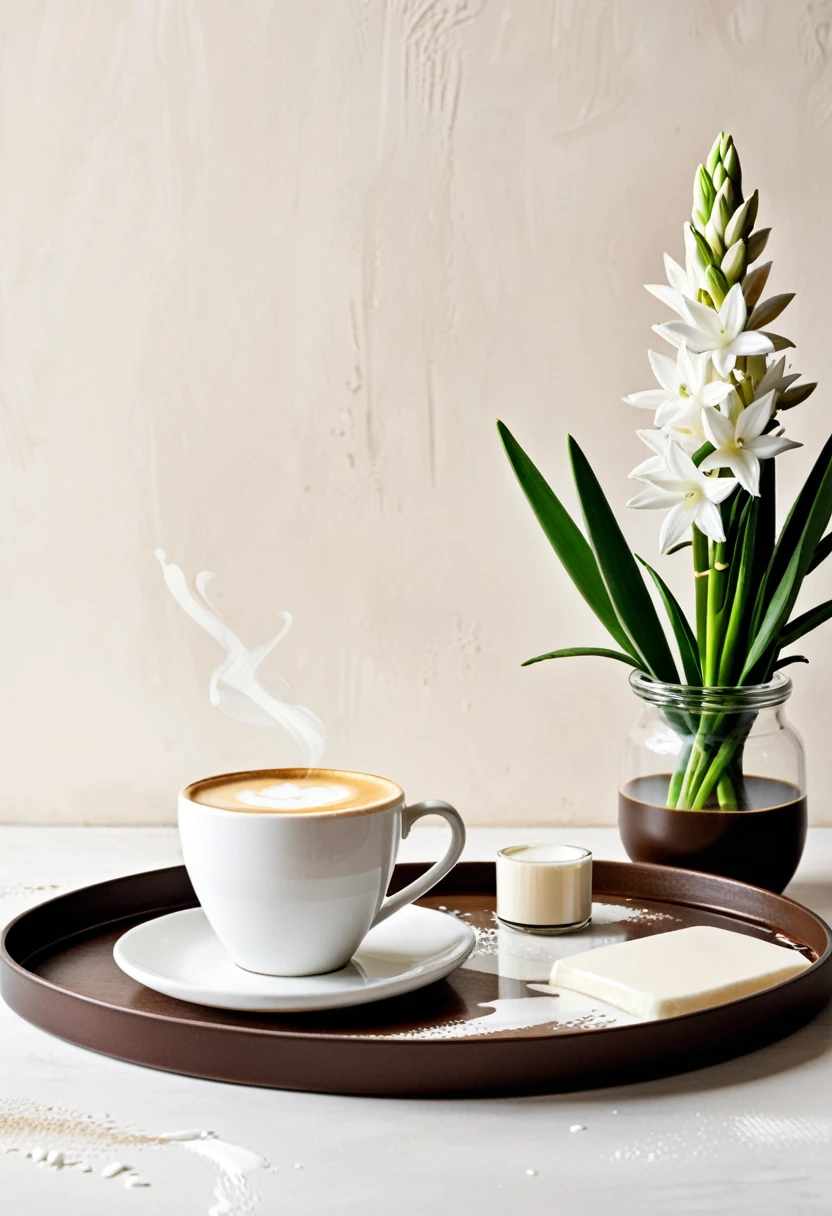 White paint brush marks as background.Tuberose placed flat in the corner of the frame. Coffee tray and hot latte placed separately.perfect still life.out of screen space
