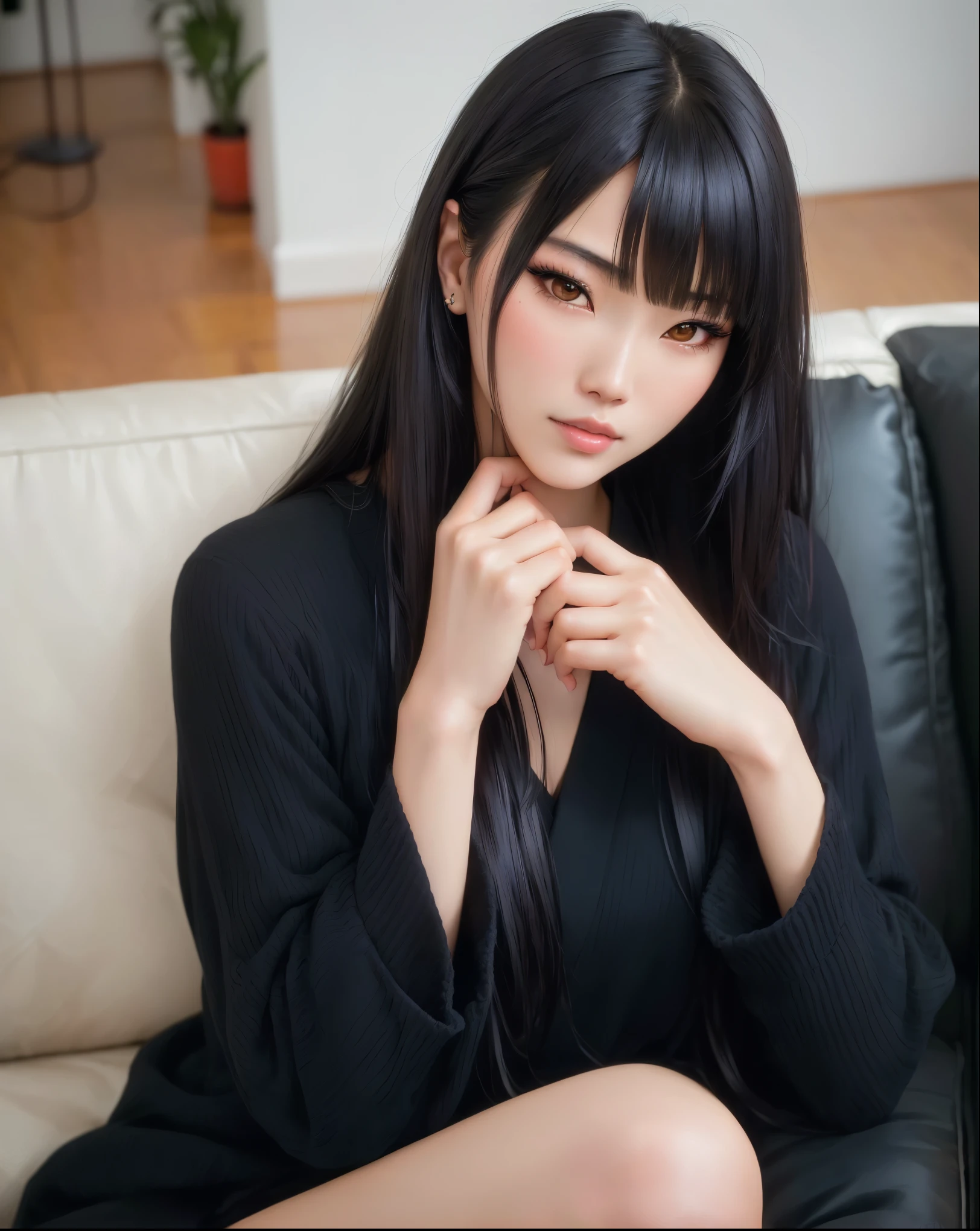 There is a woman sitting on a sofa with her hand on her chin, Ishida Sui with black hair, Yoshitomo Nara, Japanese Model, Shot with Canon EOS 5D mark iv, Shot with a Canon 5D MK4, Black Hair Girl, Elegant Japan Woman, Shot with Canon EOS R 6, Shot with Canon EOS 5D
