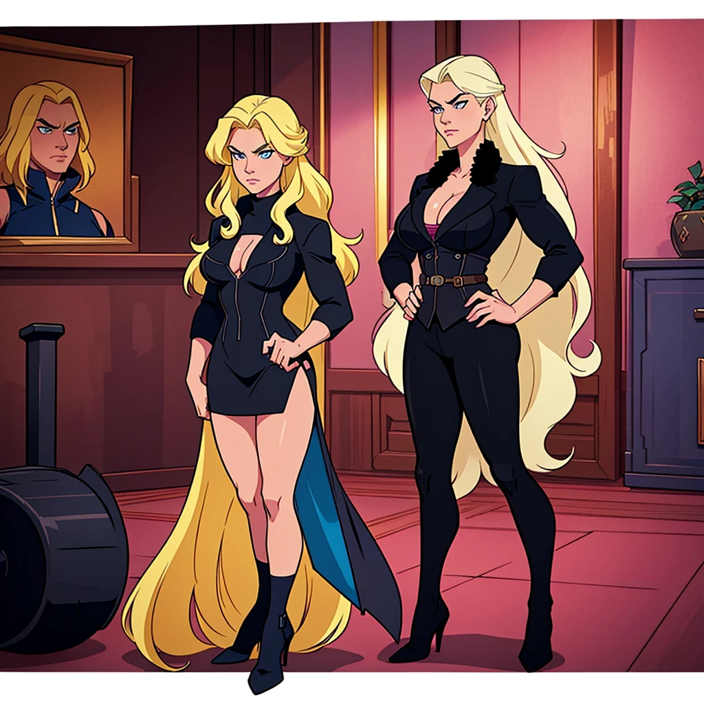 very strong blonde blue eyed woman wearing a black fur jacket and a pink blouse in the style of a Marvel Studios comic panel with broad robust muscles with a serious expression happy with her muscles on a white background with an ax in her hand with a serious face with full length DC style long hair with a confident and haughty posture in a room of a building