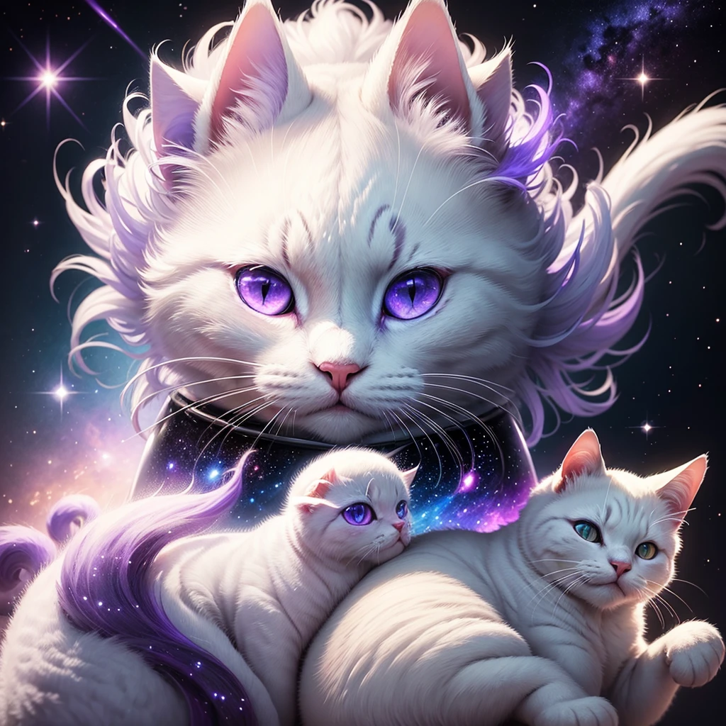 white cat with purple, eyes of different color, focus on face, Masterpiece, artwork, in outer space