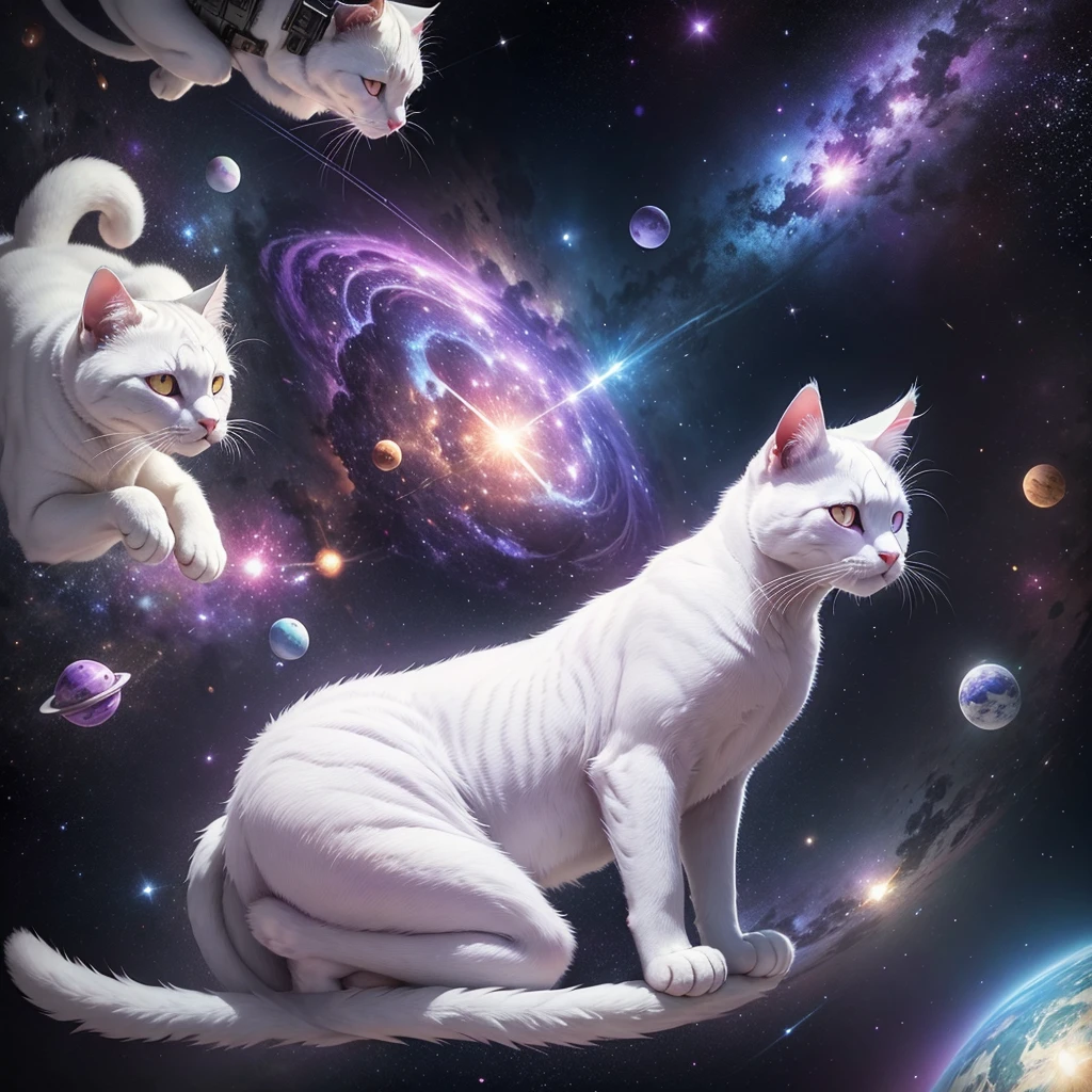 white cat with purple, eyes of different color, focus on face, Masterpiece, artwork, in outer space