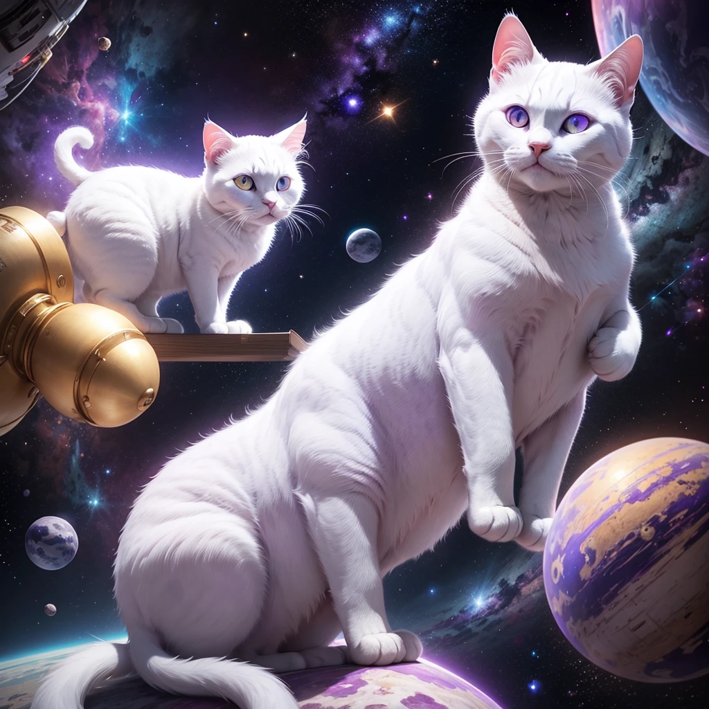 white cat with purple, eyes of different color, focus on face, Masterpiece, artwork, in outer space