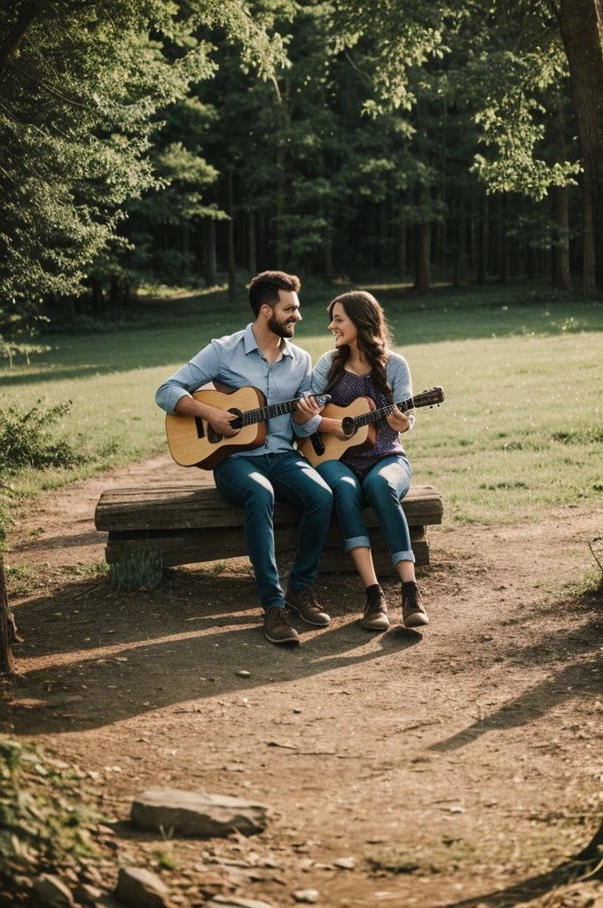 couple playing guitar in nature praising god and holding a bible