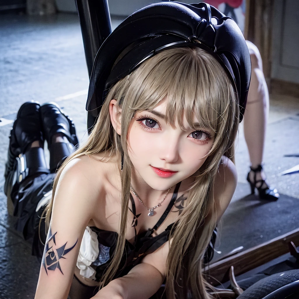 (msterpiece:1.3), (8k, RAW photo, best quality: 1.4), beautiful face, beautiful hairstyle, beautiful detailed eyes, beautiful skin, absurdres, attractive, ultra high res, highly detailed,NSFW, 1 girl in abandoned underground room, big breast,facial close up,necklace,arms behind back,evil smile,show vagina,bdsm,knife,vaginal object insertion,light long hair, ultra detailed skin,Heavy makeup, flower hairpin, naked,colorful patterned JK, dirty ground,lying on a rock,exposed pussy,stockings,Extreme vaginal dilation,bondage,dirty rock,sexy Tattoo on uterus,