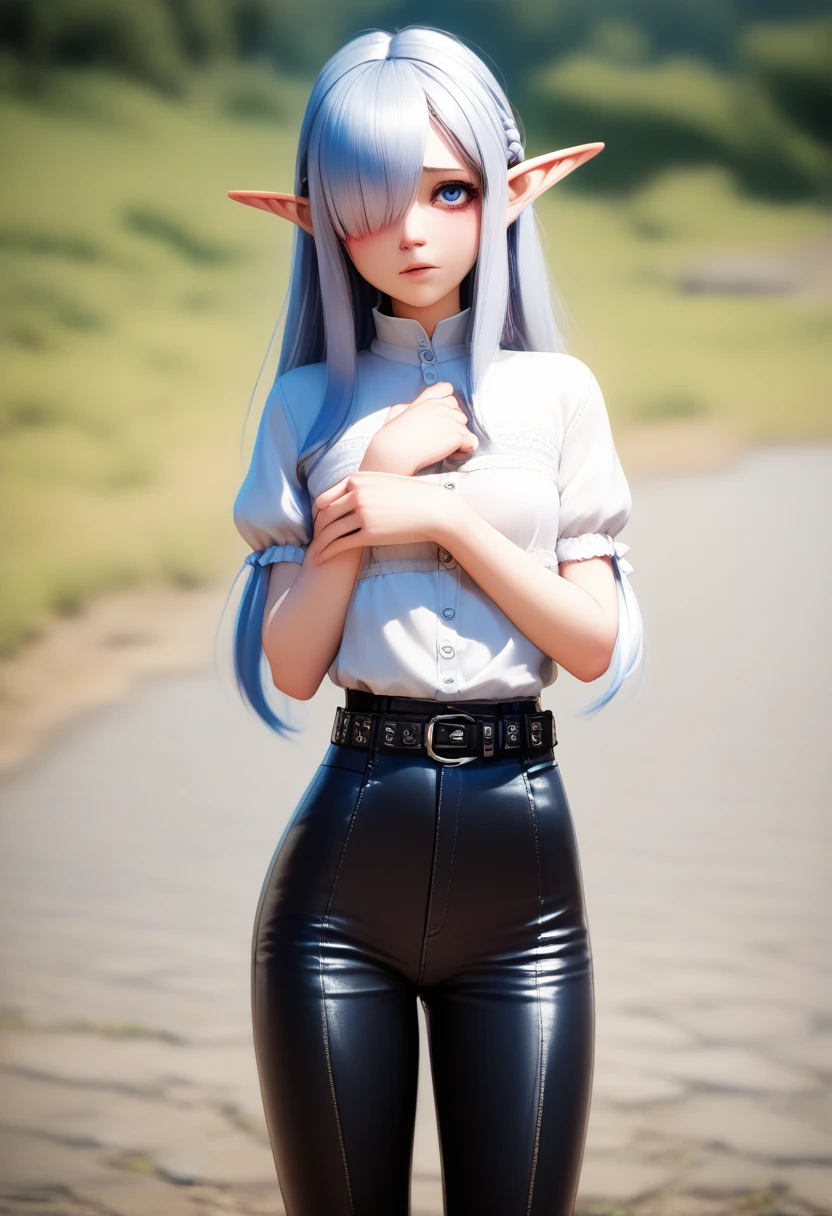 detailed gnome girl with pale skin, short stature, and very long silver hair that curls at the ends, covering one eye, with small breasts, pouty lips, and bright blue anime-style eyes with long lashes, wearing a corset, white puffy long sleeved shirt, and puffy cloth pants, leather bound boots, set in a windy fantasy landscape, (best quality,4k,8k,highres,masterpiece:1.2),ultra-detailed, dungeons and dragons, long elf ears, small girl, detailed skin and cloth textures, cute detailed face, intricate details, extremely detailed, 1girl, dynamic pose with hair covering one eye, shy personality, cloth pants with leather belt, detailed privateer outfit, detailed buccaneer outfit