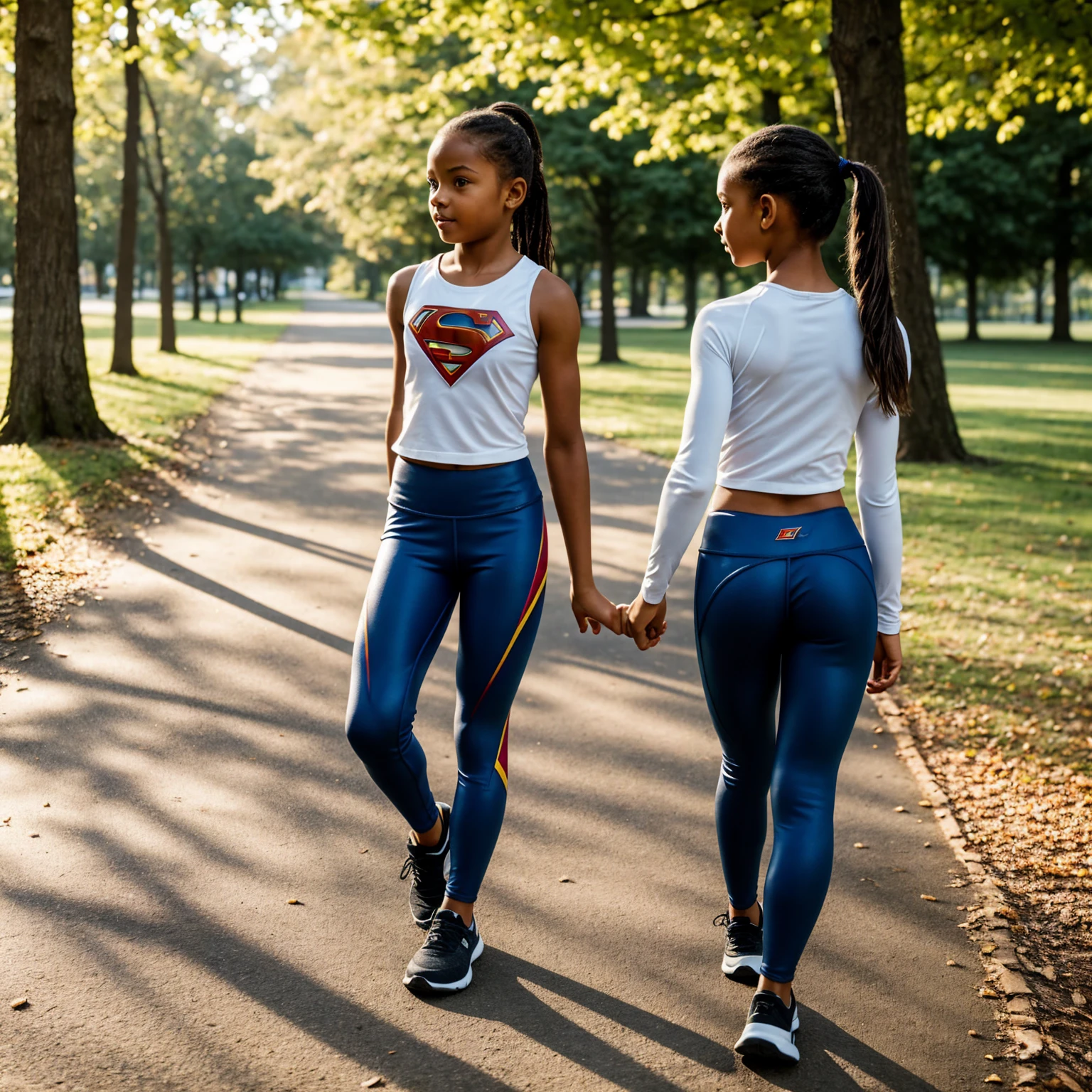  girl walking in a park, fit supermodel, leggings, supergirl