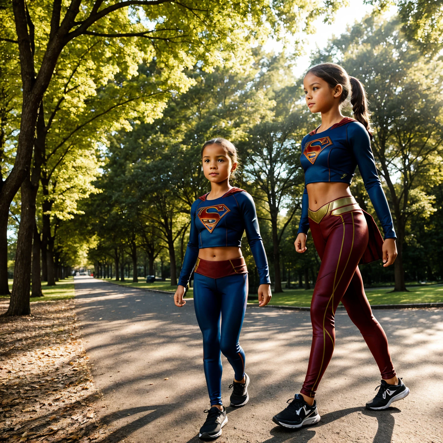 10 year old girl walking in a park, fit supermodel, leggings, supergirl