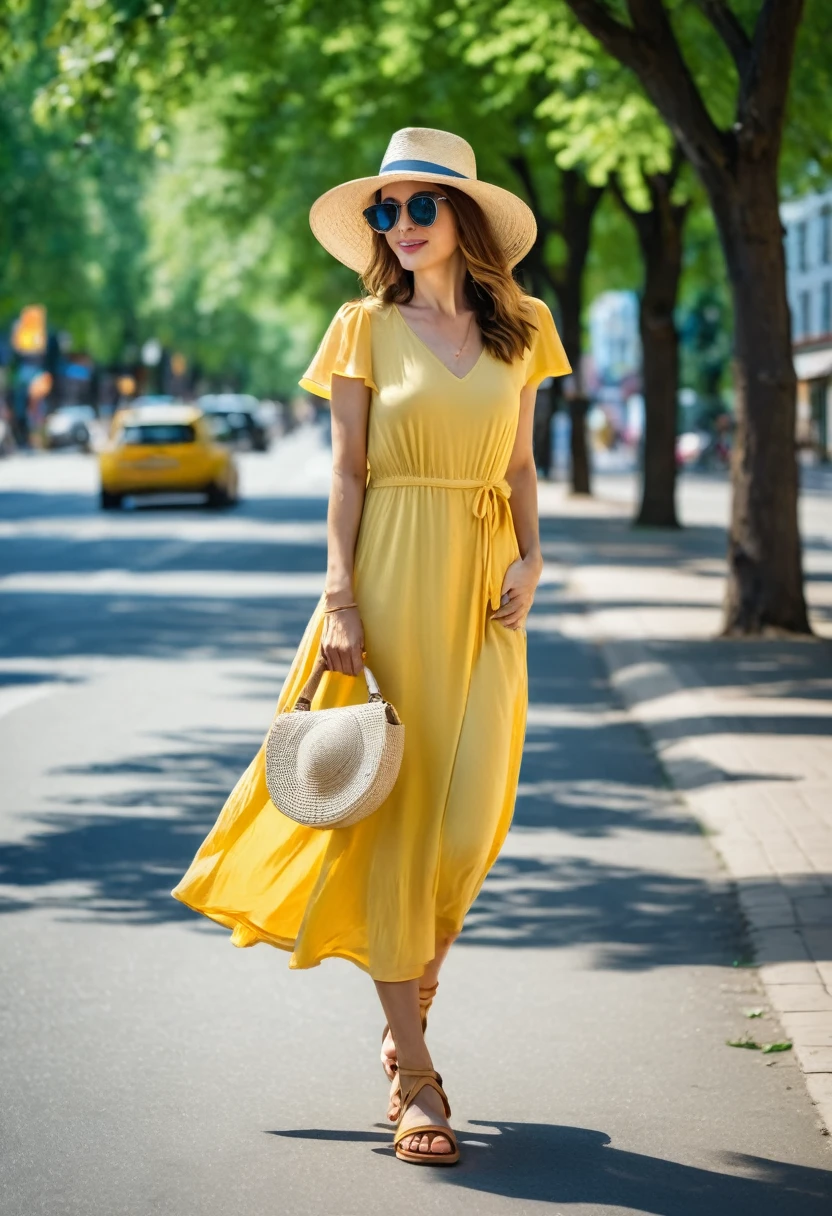 Full-length, stylish woman on the street on a summer day. She is wearing a light summer  yellow dress with comfortable sandals. She has a straw hat for sun protection and sunglasses. She is holding a small bag in her hand. The background includes busy streets, green trees, and a bright blue sky. The atmosphere is fresh and full of summer vibes.