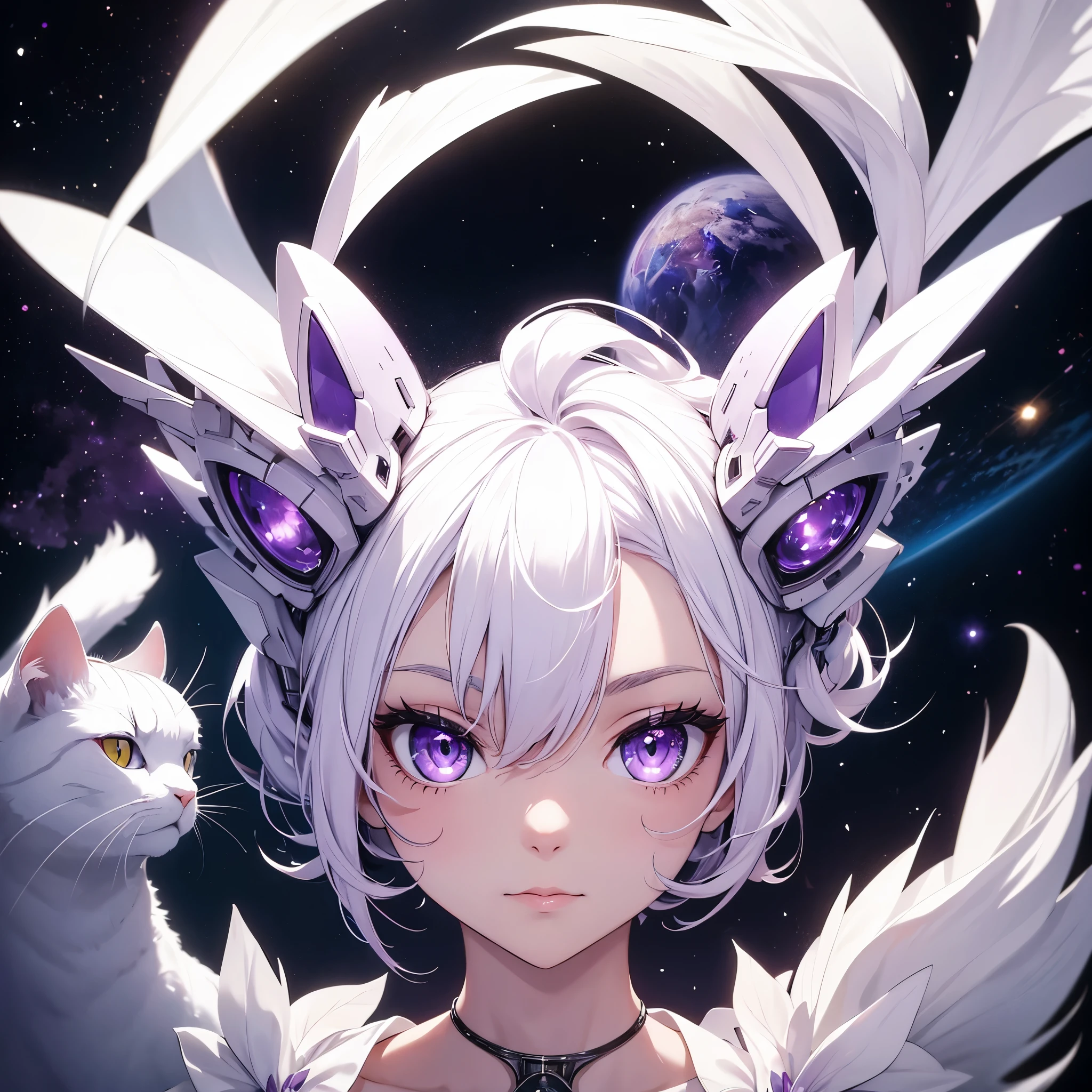 white cat with purple, eyes of different color, focus on face, Masterpiece, artwork, in outer space