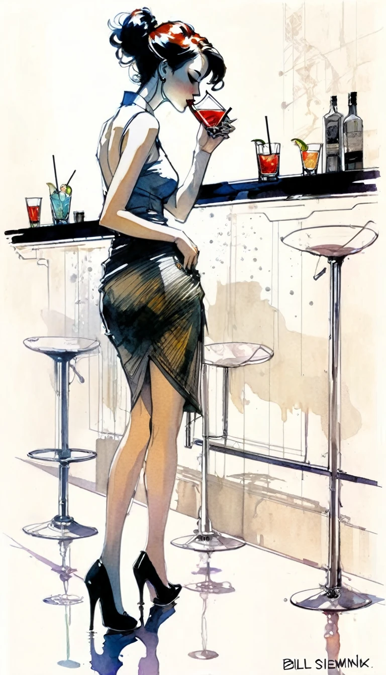 A woman drinking a cocktail in a stylish bar, with a slight stream of water running on the floor,tmari, sketch, traditional media, ballpen drawing, white background (art inspired by Bill Sienkiewicz). oil painting)
