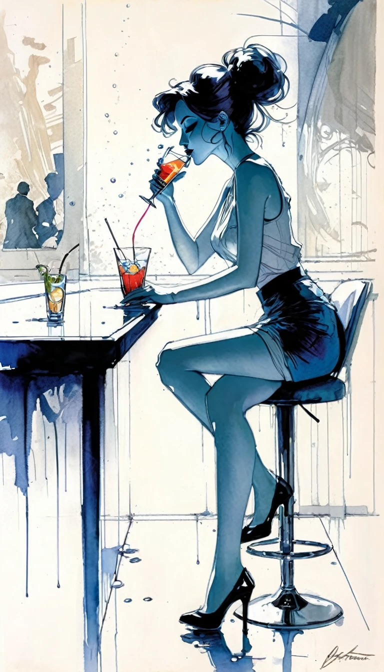 A woman drinking a cocktail in a stylish bar, with a slight stream of water running on the floor,tmari, sketch, traditional media, ballpen drawing, white background (art inspired by Bill Sienkiewicz). oil painting)