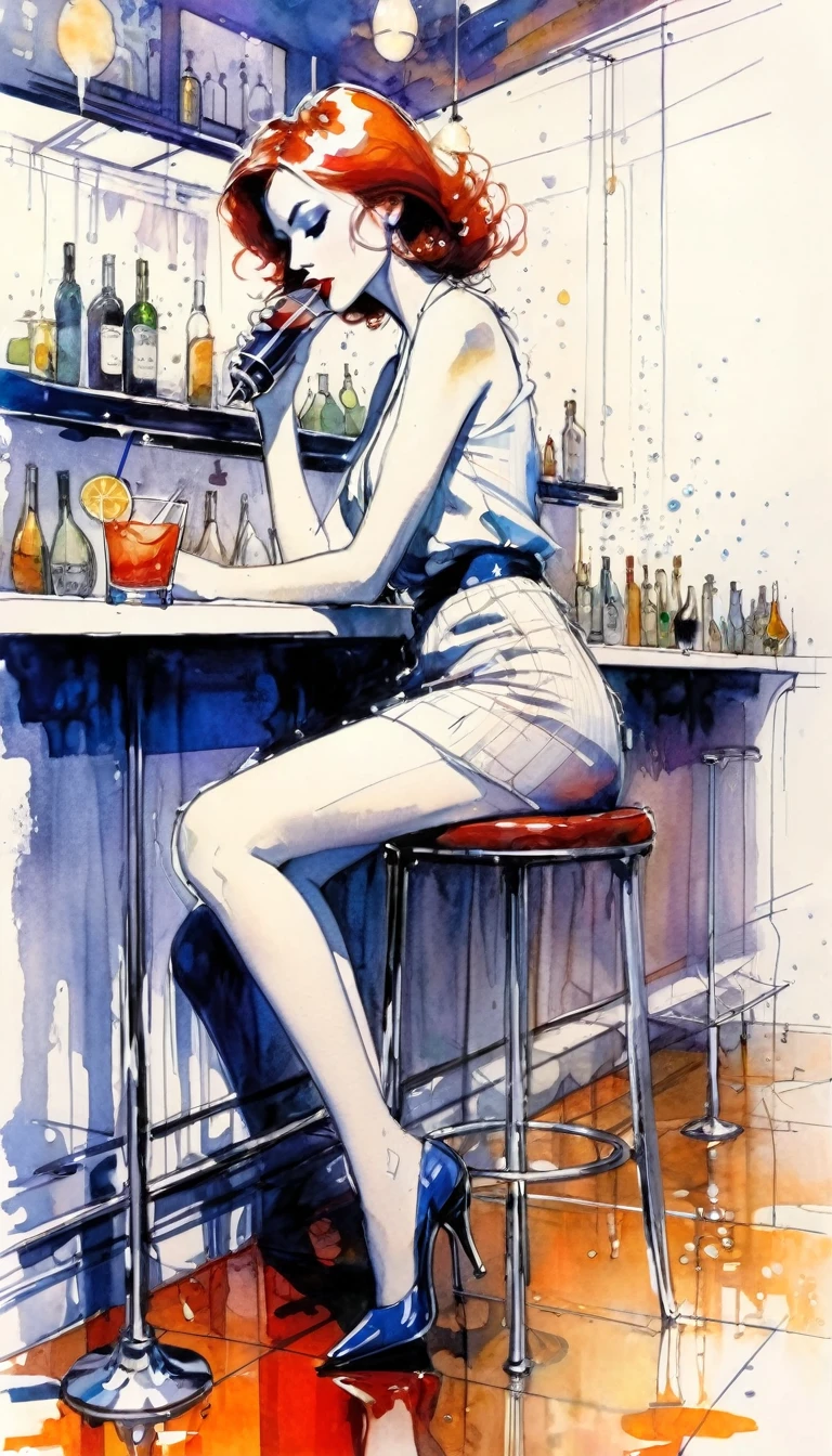 A woman drinking a cocktail in a stylish bar, with a slight stream of water running on the floor,tmari, sketch, traditional media, ballpen drawing, white background (art inspired by Bill Sienkiewicz). oil painting)