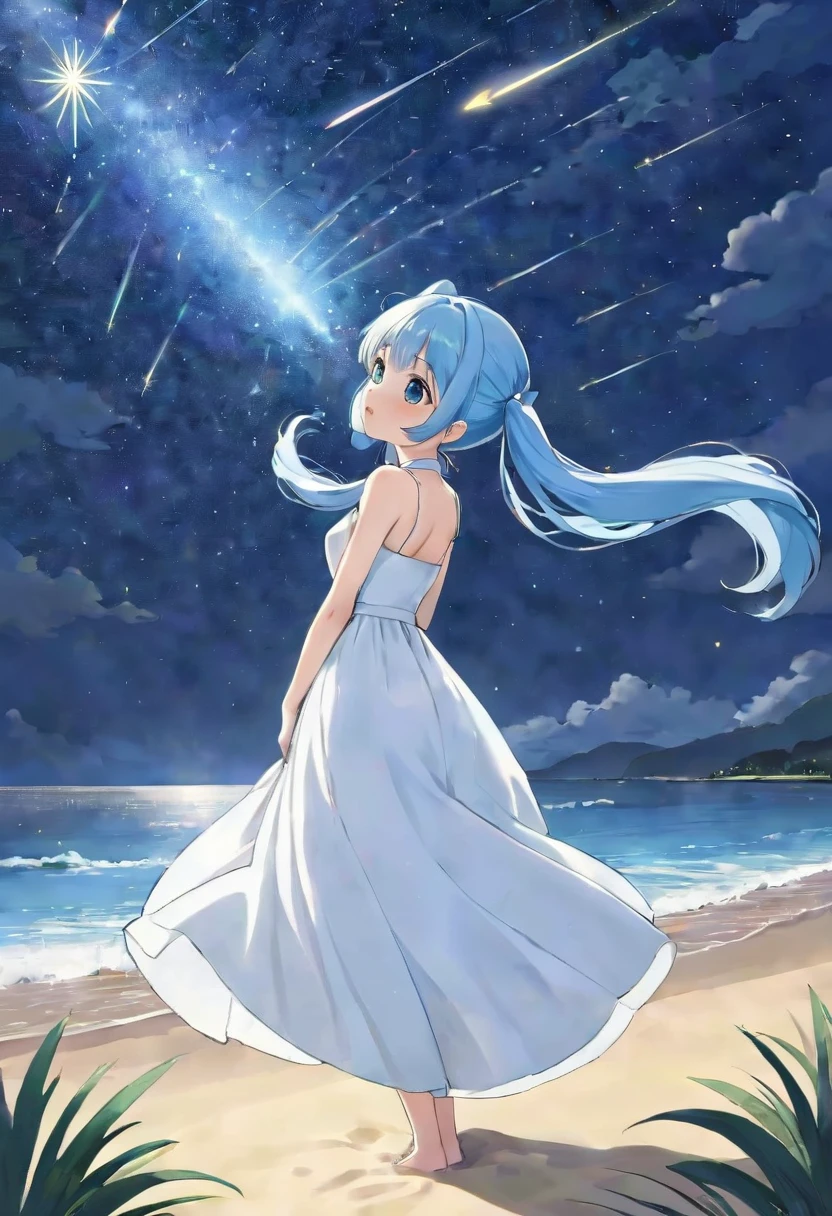 Night sky beach、Lots of shooting stars、Light blue long hair、Beautiful girl with twin tails、White long dress、Looking up at a shooting star