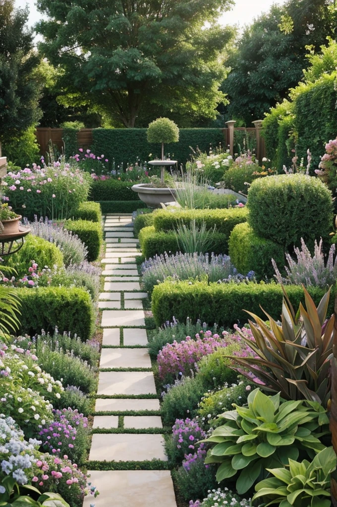 A professionally decorated garden with plants, mother-in-law&#39;s league and purple maguey 