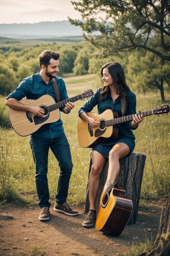 Man playing guitar and woman counting in the middle of nature praising god and with a bible