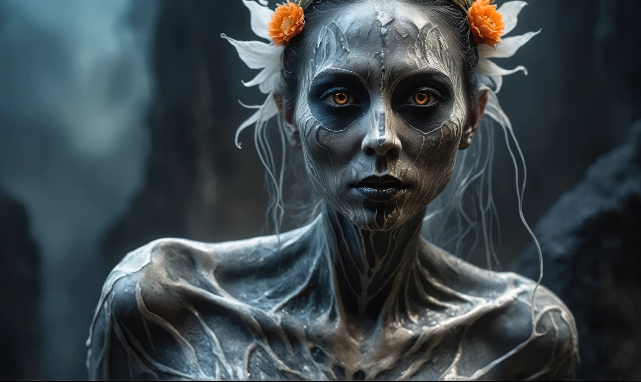 full body length,Magical plant ghost flower, ghost flower,carismatic，Incredible，terror ,extremely detailed,intricate details,eyes extremely detailed, high detailed eyes,16k resolution, realistic humid skin,extremely intricate details,Epic Realistic,face anatomically correct,Ultra HD,HDR, natural skin textures, hyper realism,realistic skin texture, hyper detailed,extremely Realism,Ultra Detailed,body logically correct,full body length shot,beggar graphite silver sparas, wants eat,survival in criminal city of future,Cinematic,soft colors, Technicolor,natural skin textures, hyper realism, hyper detailed,Extremely detailed,High contrast,Masterpiece,Realistic,Ultra Detailed, intricate details,realistic humid leather,extremely intricate,Epic Realistic, cinematic style,irina yermolova,high contrast,hdr,extremely detailed, [deep night landscape],masterpiece,intricate details,faded,eyes extremely detailed, high detailed eyes,16k resolution,RAW,retina, Nikon Z9,China,Songbird,orc, Guangxi Zhuang of China,tkt style, Pisces, perfect, ginger，transition between two art styles, Ink painting to photorealism, Double contact, X-ray, Creative, vivid light, masterpiece, fantasy, Abstract, Surrealism, super detailed, high resolution, stop:35,(((creature with a spectral and ghostly appearance)). Her skin is pale, almost translucent.wears weird and deep dark, ancient rock paintings of the first people,of sharkfish's leather