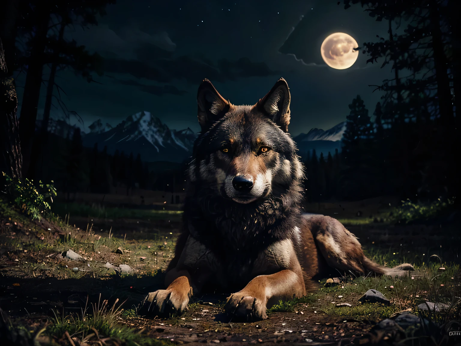 loba mãe terra ((oil painting, sharp focus)), vivid colors, moonlit landscape, dense forest, howling under the moonlight, mesmerizing view, glowing eyes, nighttime atmosphere, majestic posture, isolated silhouette, shadows and highlights, ominous presence, distant twinkling stars, tranquil ambiance, cores fortes, brilho luz, (best quality,4k,8k,highres,masterpiece:1.2),ultra-detailed,(realistic,photorealistic,photo-realistic:1.37
