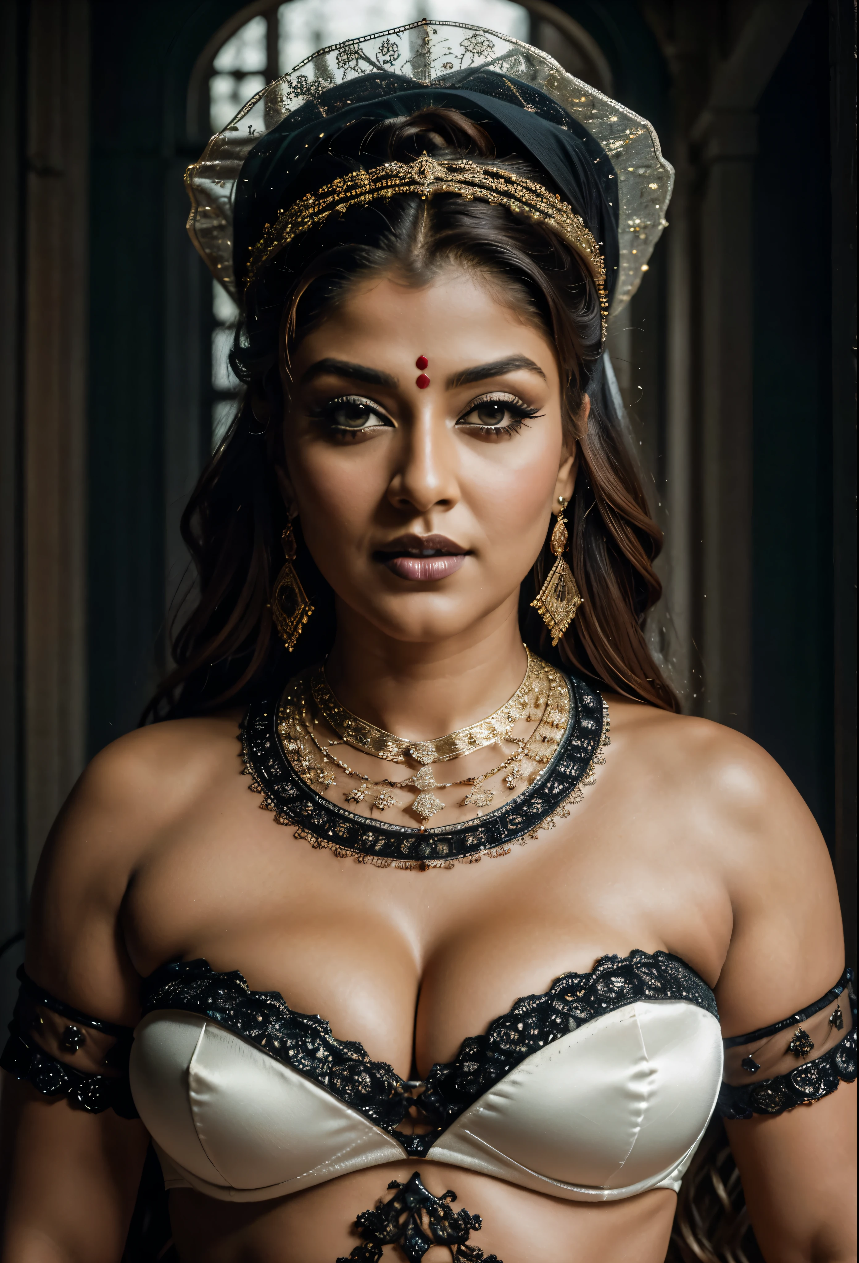 Looks like Nayanthara, milf, cougar lady witch, horny Gothic milf,  50 years old gorgeous mature lady, pervert demoness, demoness of lust, curvy, black lips, horny face, extremely gorgeous, thick figure, heavy physique, voluptuous, curvy, sexy figure, Fashionable portrait of androgynous alien looking witch wearing veil, glowing eyes, futuristic design, minimal details, givenchy, photoreal, 200mm, hd, f/ 2.0, highly detailed, surreal, sexy beautiful evil woman, sexy bold sequin Saree with strapless Bra, chudail, Pishachini, horror genre, blood-thirsty enchantress, powerful female spirit, eerie, drop dead, in the style of red and blue, (intricate details, hyperdetailed:1.15) (skin texture:1.2), dark Moody tone, cinematic lighting, haunted place in background, 