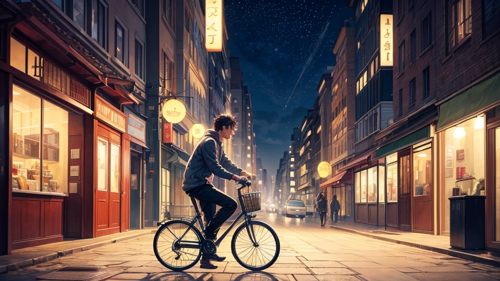 A serene cityscape at dawn with a young man biking to work, greeting friends and colleagues warmly. At midday, he shares laughs and coffee with coworkers. As evening falls, he walks alone on empty streets, bathed in twilight, his expression contemplative. The city lights cast a soft glow, reflecting his quiet sorrow. Stars twinkle above, and he moves forward, hoping to find solace. The painting captures the contrast between his cheerful mornings and solitary nights, emphasizing his journey through daily life and inner loneliness.