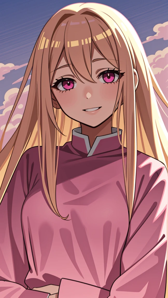 adult woman, pink eyes, long blonde hair, pink suit, smile