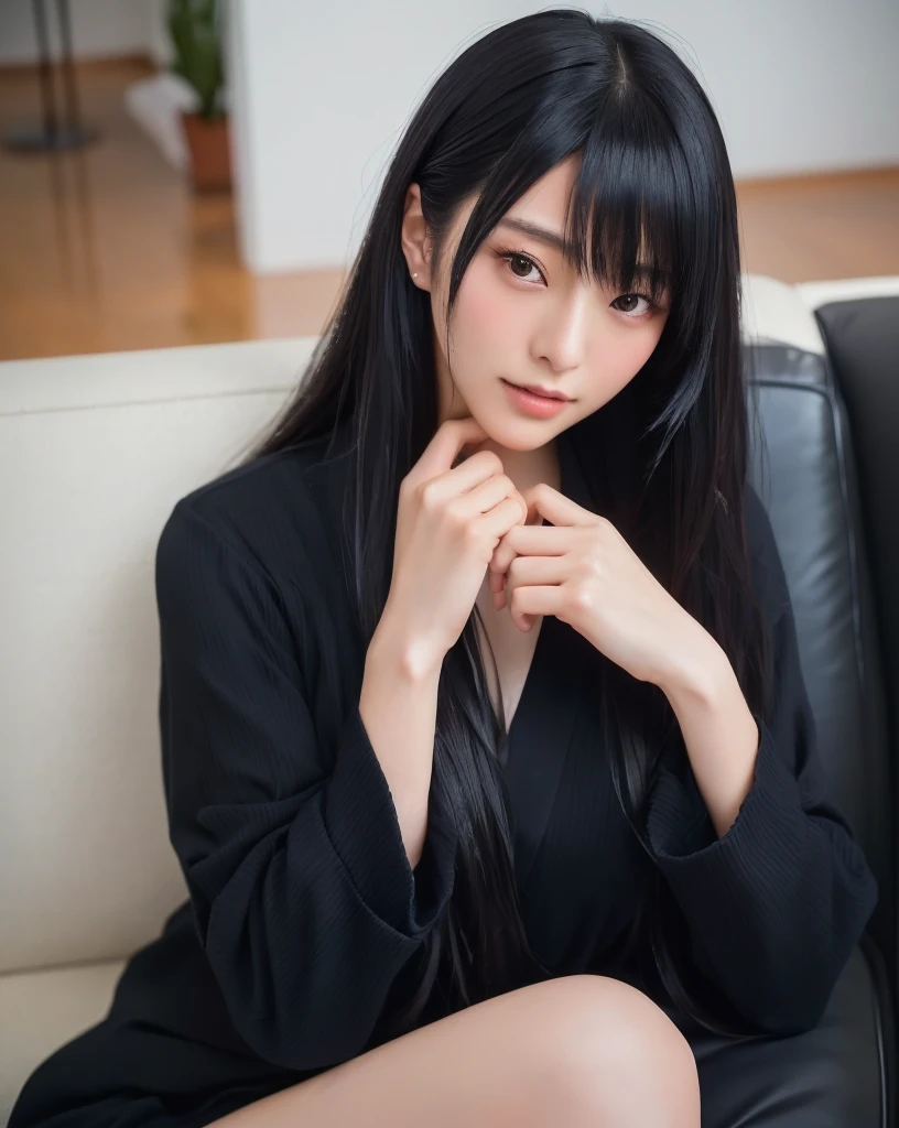 There is a woman with her arms pressed together, Ishida Sui with black hair, Yoshitomo Nara, Japanese Model, Black Hair Girl, Elegant Japan Woman, Shot with Canon EOS R 6, 