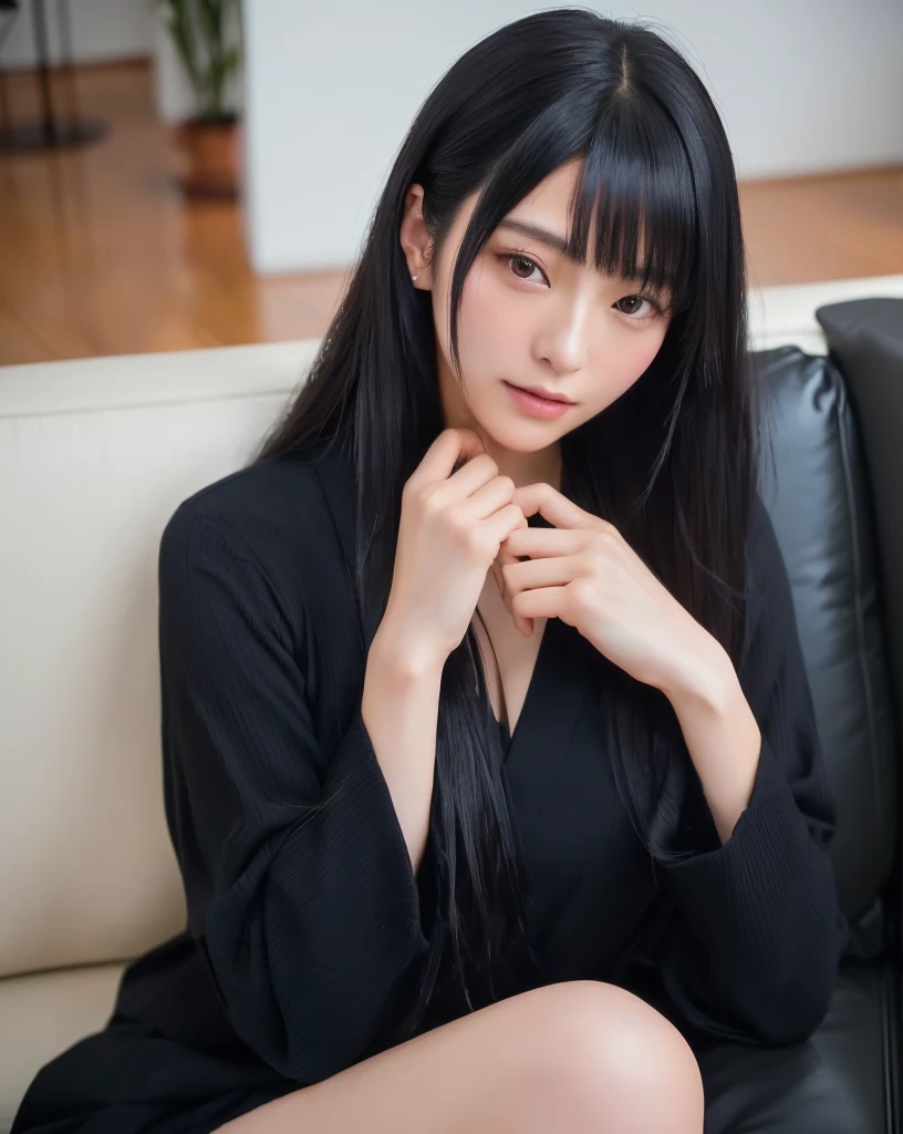There is a woman with her arms pressed together, Ishida Sui with black hair, Yoshitomo Nara, Japanese Model, Black Hair Girl, Elegant Japan Woman, Shot with Canon EOS R 6,