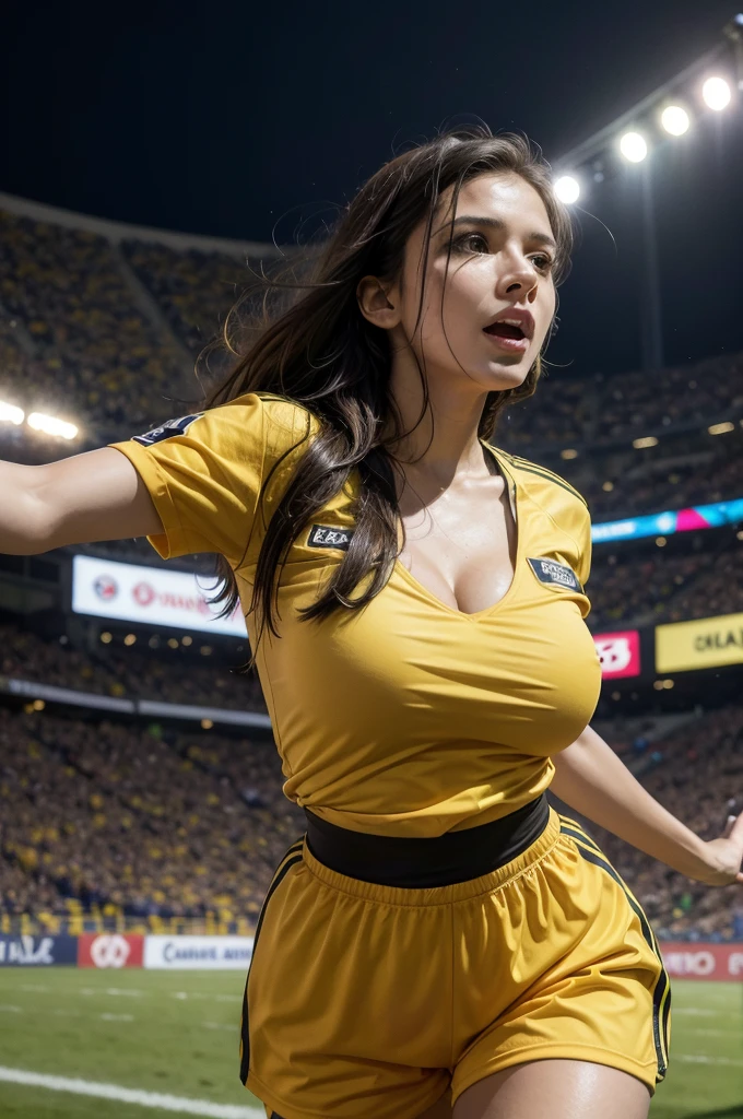 In the wires, Football referee, Woman, running on the field, Giant tits, whistle in hand, yellow shirt, short preto, cleavage, crowded stadium