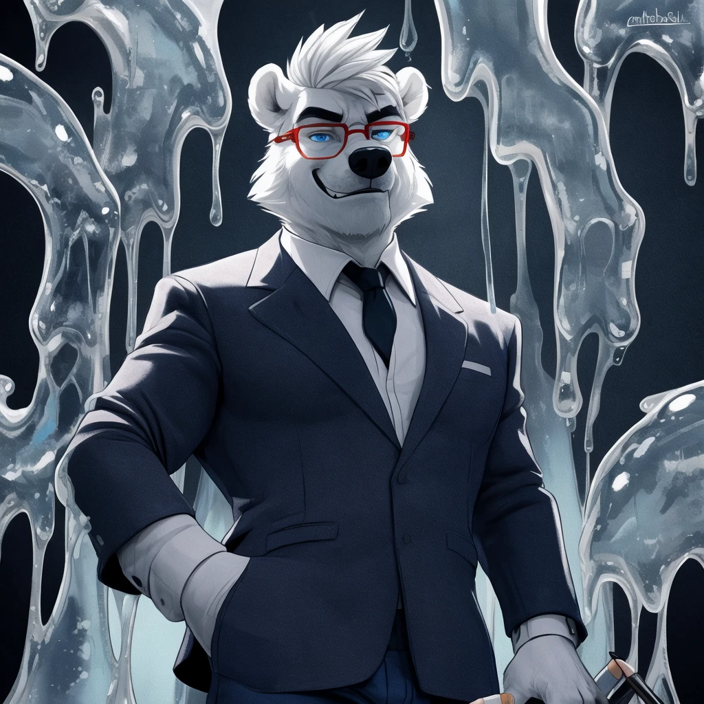 polar bear dad male office suit half closed shirt short jeans slighly well built , blue eyes glasses , head crest white hair, oozing a lot of transparent slime out of fur, drawing lineart wearing white sock, disney profile full body , evil smug grin , ( below view )
