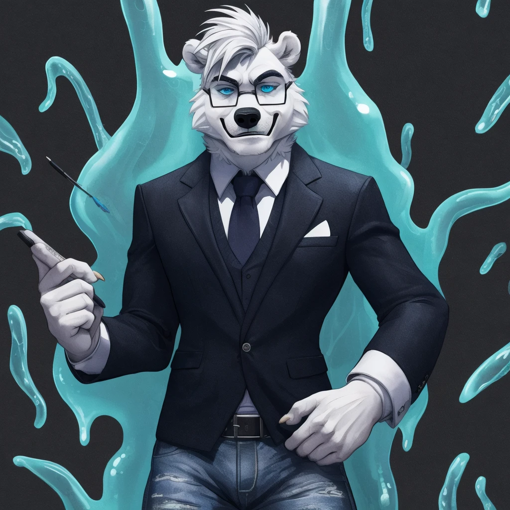 polar bear dad male office suit half closed shirt short jeans slighly well built , blue eyes glasses , head crest white hair, oozing a lot of transparent slime out of fur, drawing lineart wearing white sock, disney profile full body , evil smug grin , ( below view )