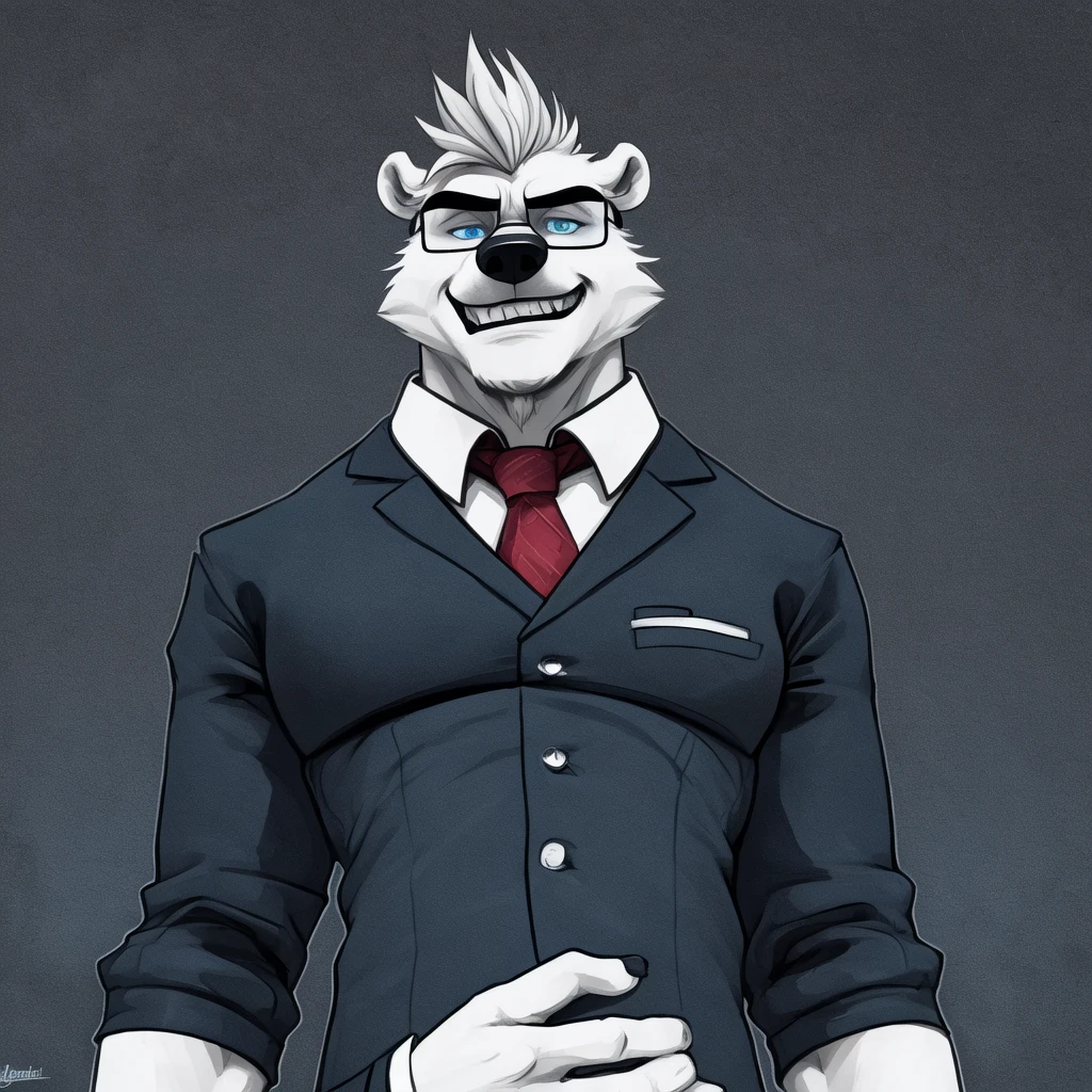 polar bear dad male office suit half closed shirt short jeans slighly well built , blue eyes glasses , head crest white hair, oozing a lot of transparent slime out of fur, drawing lineart wearing white sock, disney profile full body , evil smug grin , ( below view )