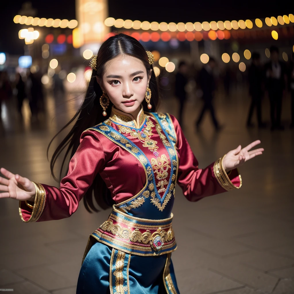 ((best quality)), ((masterpiece)), (detailed), 1 Beauty, Portraiture ，Character leaning to the right，Mongolian national costume，Long sleeve，Dancing Background Ulaanbaatar，Blurred Background，night