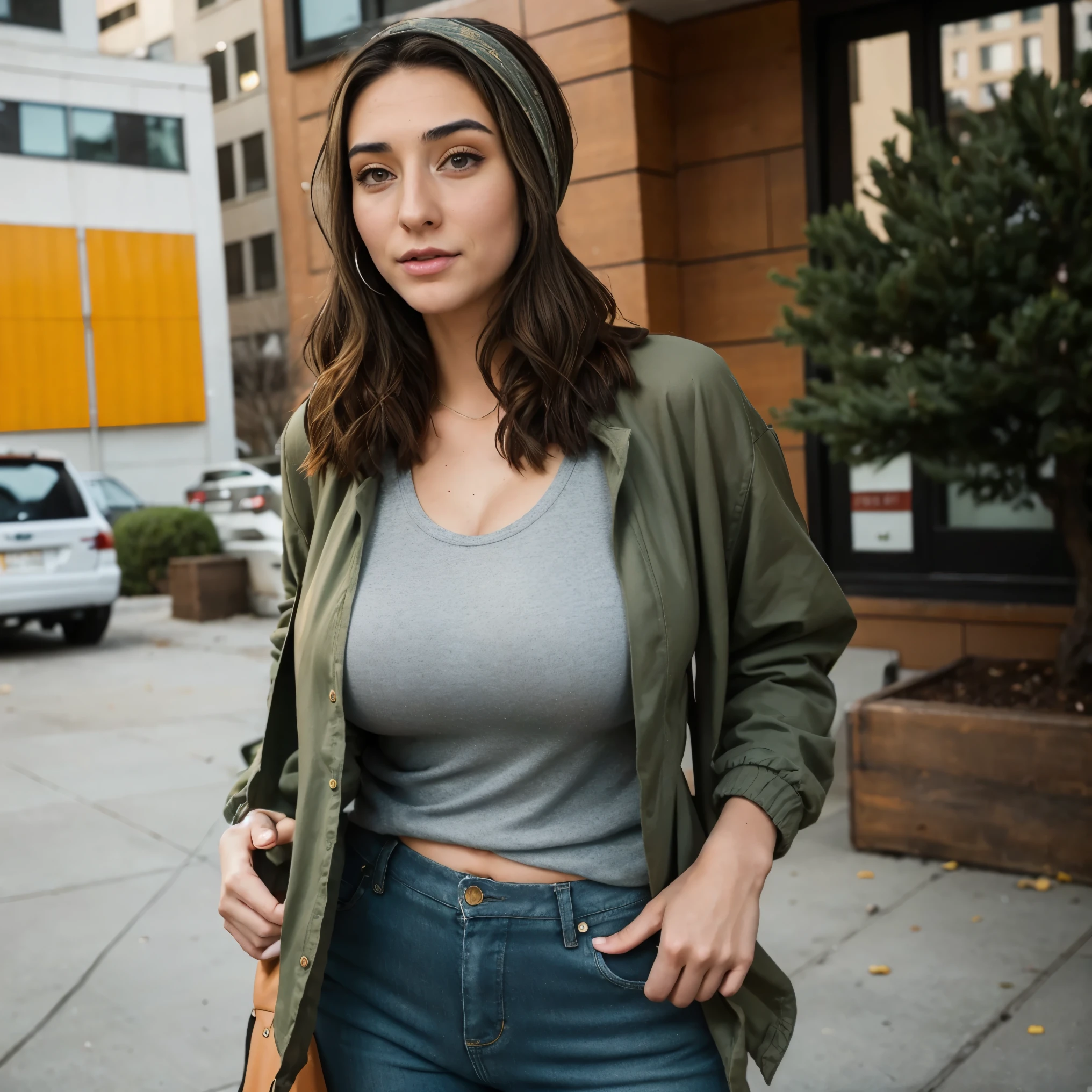 Extremely busty thin and toned brunette photographer, college girl, fair skin, loose side sweep, soft face, athletic, bandana babushka headwrap, tight olive green casual windbreaker, skinny jeans. standing in front of her apartment building, outdoors, city, camera bag, cleavage