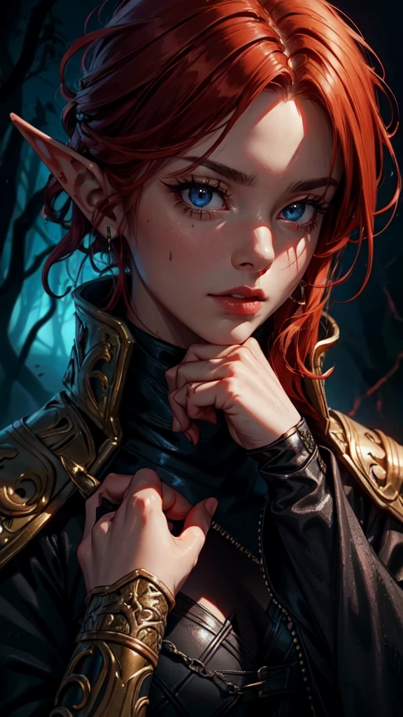 a woman with fiery red hair in a dark and mysterious setting, high quality, ultra-detailed, with a touch of horror and fantasy, vibrant colors, dramatic lighting,pose,detailed face, detailed eyes, detailed hands, elf woman,wet