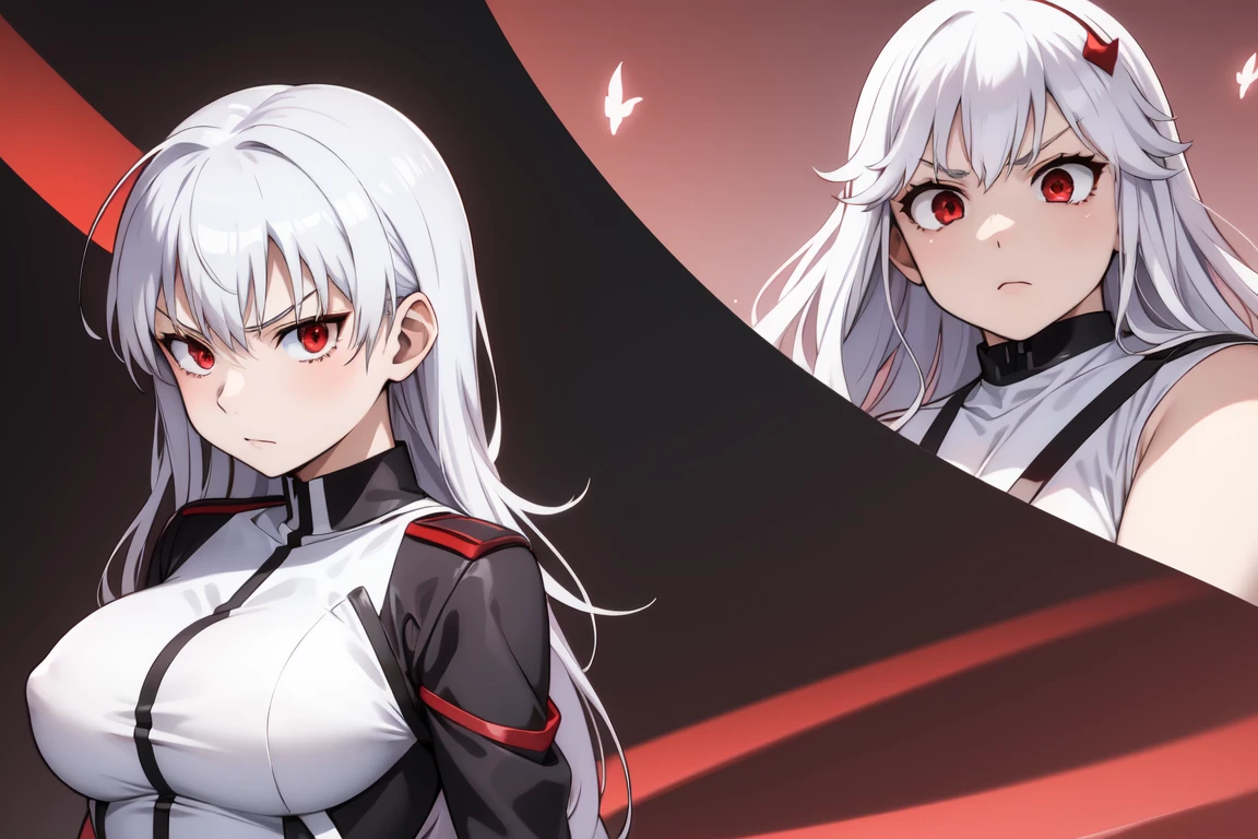 red eyes, accelerator (toaru majutsu no index), constricted pupils, white hair, shirt, girl:1.3, big breasts, soft features, round face, upper body, fat