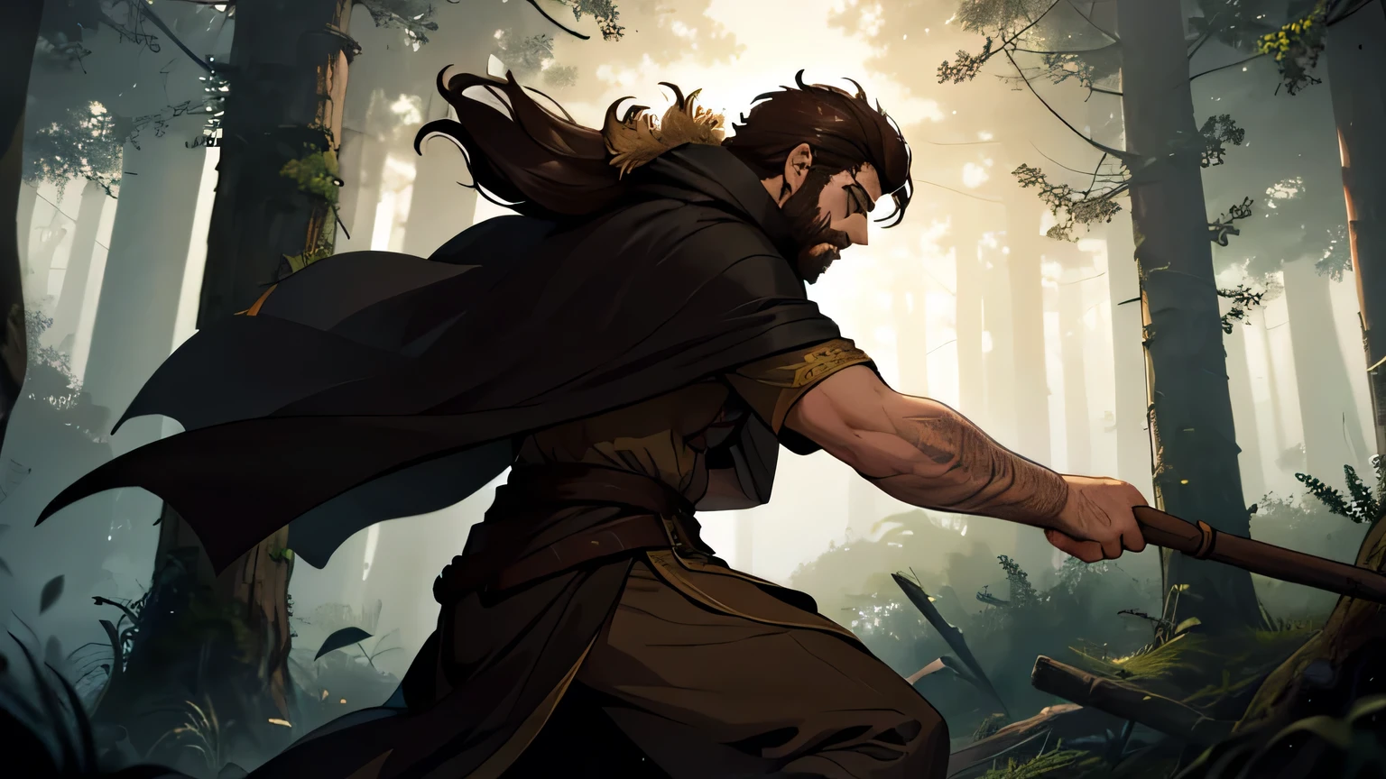 motion scene, back view of Man with dark brown beard, long dark brown hair, light yellowish brown eyes and dark brown and light brown tunic from the 4th century BC. C., with a light brown cloak, about 50 years old, attacking with a wooden stick, in a dark and mysterious forest at night, movement scene in the forest, changing lighting, hyper-realistic, cinematic lighting,
