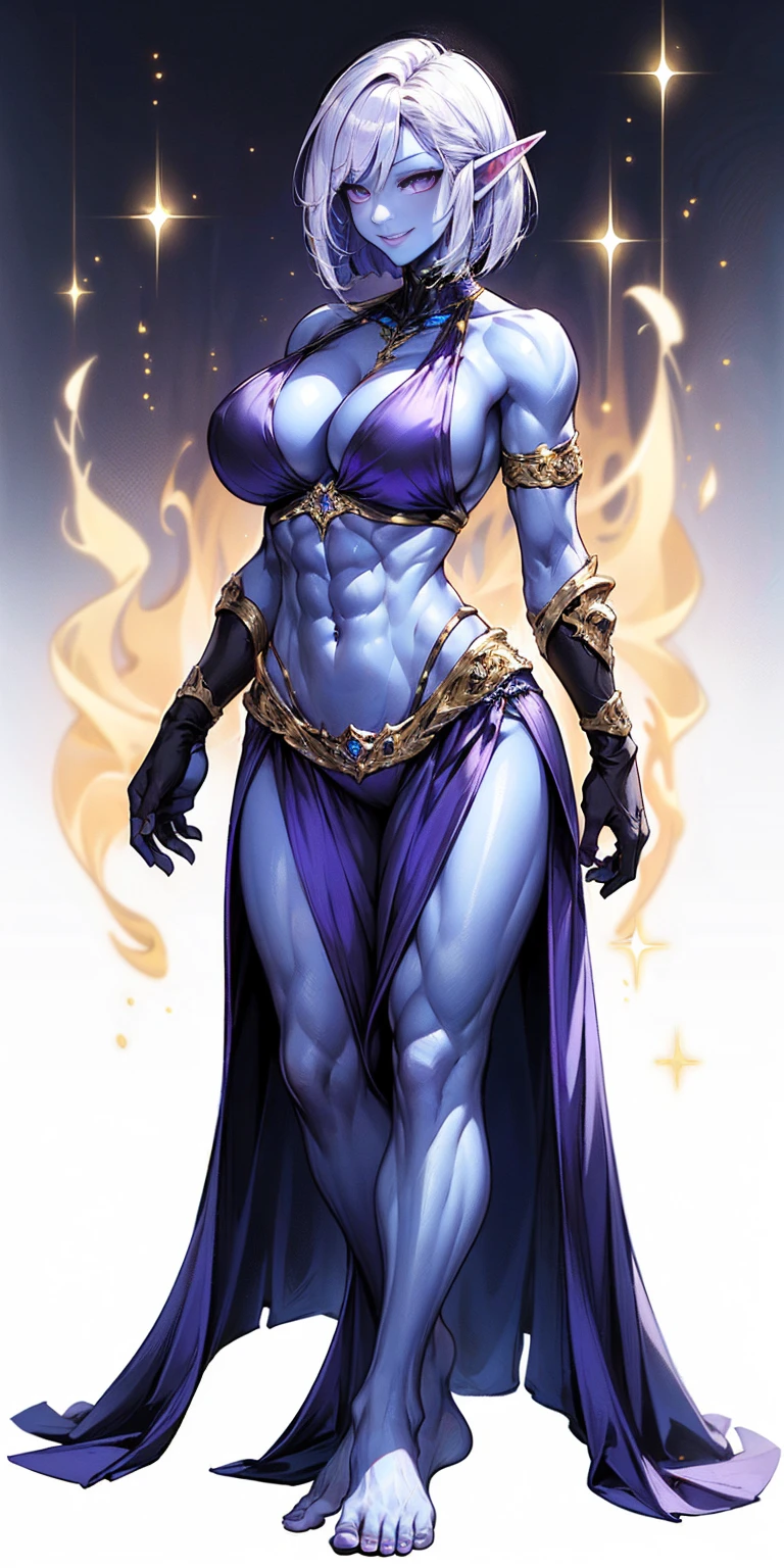 ((plain background:1.2, 1sologirl)) full body standing barefoot hands on waist navel, very purple skin, drow, elf, Madura, Detailed happy face, purple eyes, white hair bob style, gold bikini, well defined six pack abs, Large knockers, golden gloves