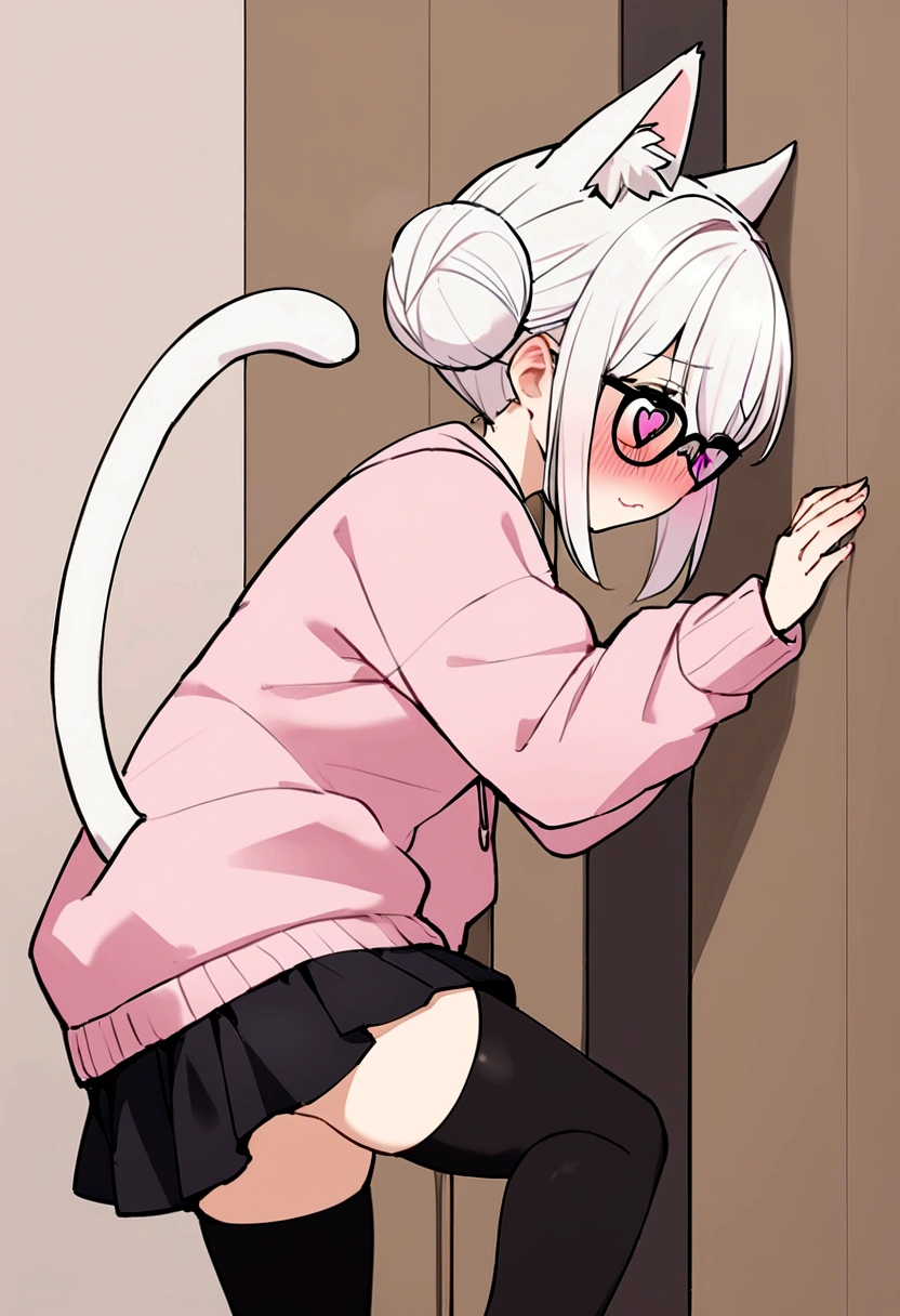 I have white pink hair, cat ears, a bun, my face is super blushing, black glasses, pink heart eyes, a big pink sweatshirt, a black skirt, black stockings, white shoes, a cat&#39;s tail, a girl. very shy that she is glued to a wall with her butt