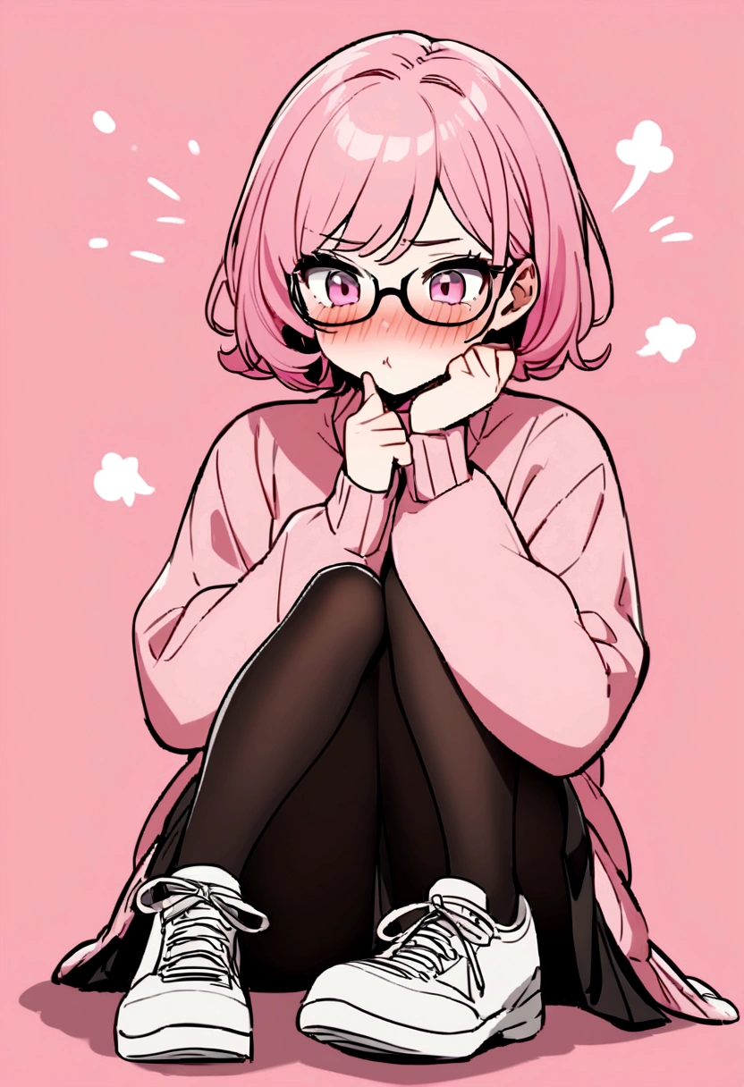 pink hair black glasses pink eyes extremely blushing a big pink sweater short black skirt black stockings white tennis shoes that is a reserved girl that is pouting