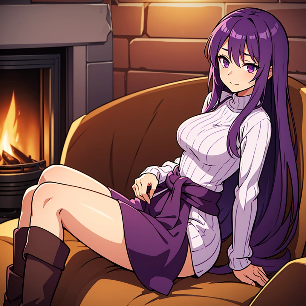 Yuri from ddlc, big chest, purple hair, waist-long hair, straighr hair, purple eyes, slight smile, Cream white-sweater, black leggings, short brown boots, purple hairpin, anime style, viev from the side, collored sketch, sitting by a fireplace inside a log cabin