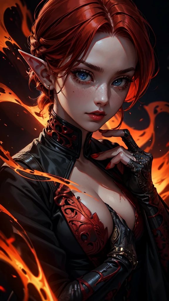 a woman with fiery red hair in a dark and mysterious setting, high quality, ultra-detailed, with a touch of horror and fantasy, vibrant colors, dramatic lighting,pose,detailed face, detailed eyes, detailed hands, elf woman,full body