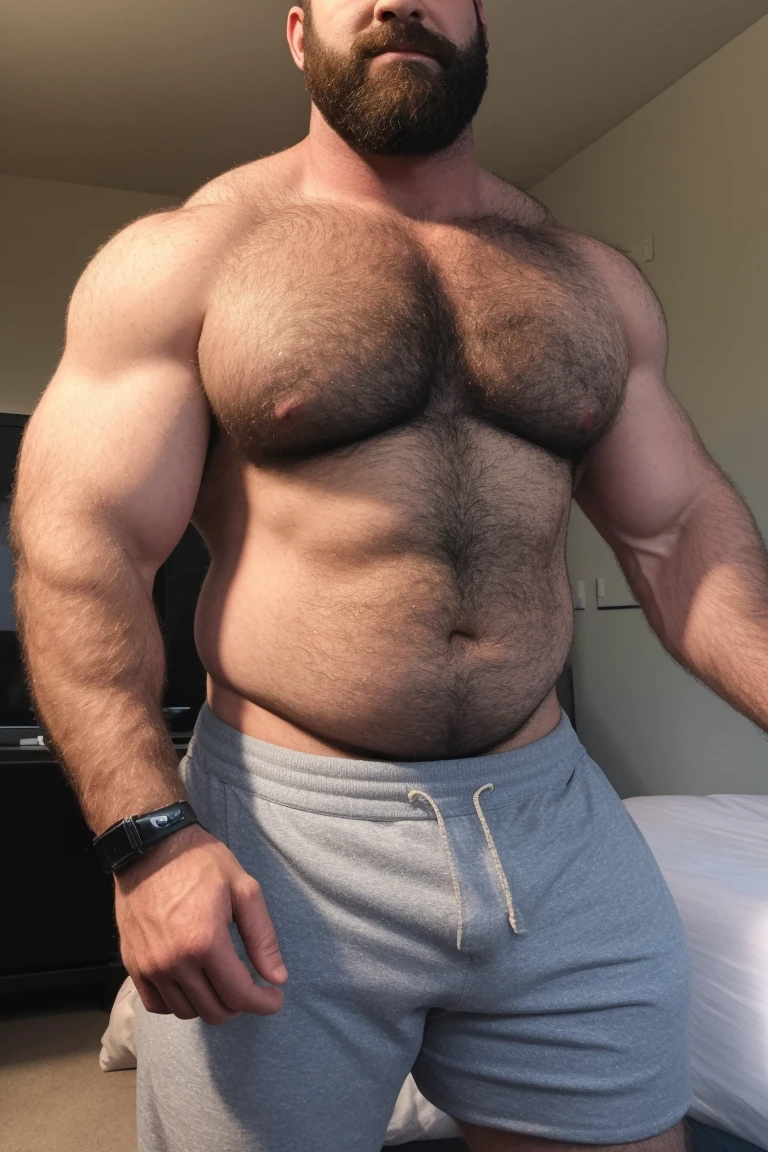 8K HDR Very Extremely Realistic Very Detailed High Quality 8K HDR Very Realistic 46 year old daddy rugged bodybuilder muscle bears man, 8KHDR very realistic detailed hairy, 8KHDR very realistic beared big daddy muscle bear, and 8KHDR very realistic detailed rugged burly man in shorts. 8KHDR Very Realistic legs, 8KHDR very realistic hair, 8KHDR very realistic beards, 8KHDR very realistic thick chubby fat neck, 8KHDR very realistic neck lines, 8KHDR very realistic detailed neck, 8KHDR very realistic belly, 8KHDR very realistic burly chest, 8KHDR very realistic detailed hairy burly strong chest and arms, 8KHDR very realistic detailed hairy burly strong chest and arms, 8KHDR very realistic pecs, 8KHDR very realistic burly muscle bear body, 8KHDR very realistic nipples, 8KHDR very realistic burly muscle bear body, 8KHDR very realistic face, 8KHDR very realistic detailed face, 8KHDR very realistic eyes, 8KHDR very realistic detailed eyes, 8KHDR very realistic pupils, 8KHDR very realistic detailed pupils, 8KHDR very realistic head, 8KHDR very realistic waist, 8KHDR very realistic facial features, 8KHDR very realistic burly arms, 8KHDR very realistic elbows, 8KHDR very realistic hands, 8KHDR very realistic pecs, 8KHDR very realistic belly, 8KHDR very realistic human man body, 8K HDR very realistic bellybutton, 8KHDR very realistic wrists, 8KHDR very realistic fingers, 8KHDR very realistic fingernails, 8KHDR very realistic shoulders, 8KHDR very realistic mouth, 8KHDR very realistic lips, 8KHDR very realistic mens clothing, 8KHDR very realistic detailed mens clothing. 8KHDR Very Realistic Hairy Bearded Burly Muscle bear Photoshoot, 8KHDR A very realistic burly muscle bear man in a bedroom, 8KHDR Very Realistic Intricately Detailed, 8KHDR very realistic detailed bedroom surroundings, 8KHDR very realistic surroundings lighting, No Deformities, captured with a 85mm lens, 8K HDR Very Ultra Realistic and, 8K HDR Clear HDR Quality full with very realistic real details