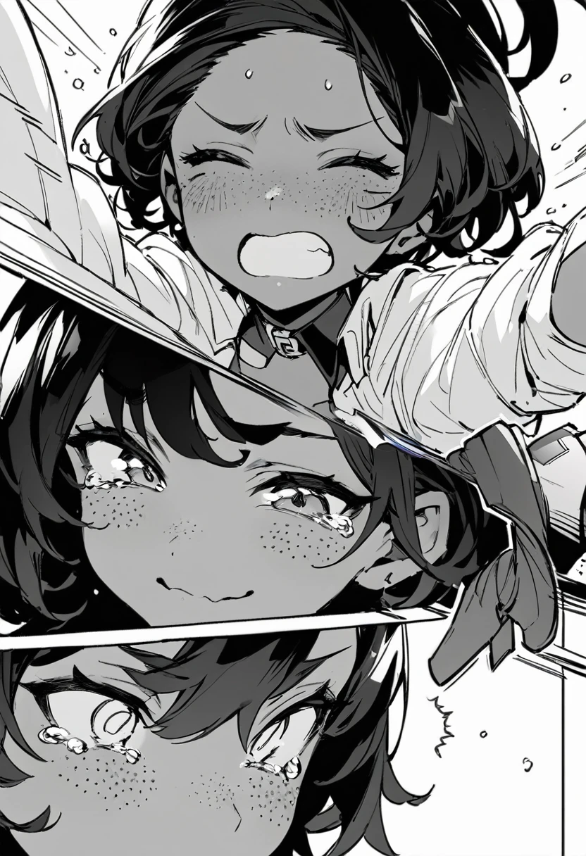 best quality , monochrome, lineart, 1girl, short dark hair, tan skin, freckles, stylish, edgy outfit, slight smile, eyes closed, tears falling down cheeks, white background oldest, comic