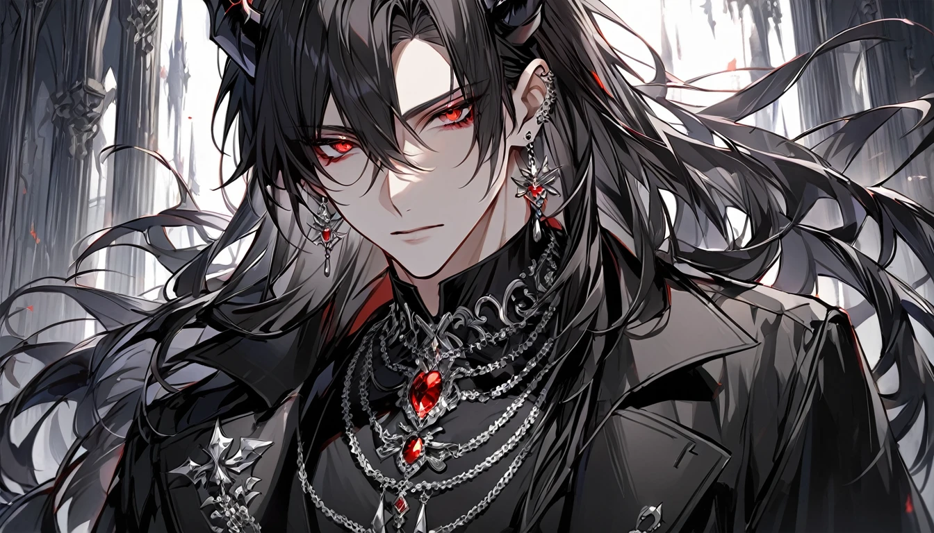 alone, good looking, 1 male, Long hair, Middle parted hair, Black hair, Red eyes, Black shirt, White Thailand, Black Trench Coat, Royal Silver Jewellery, Royal Demon Earrings, Black horns, Front Facing