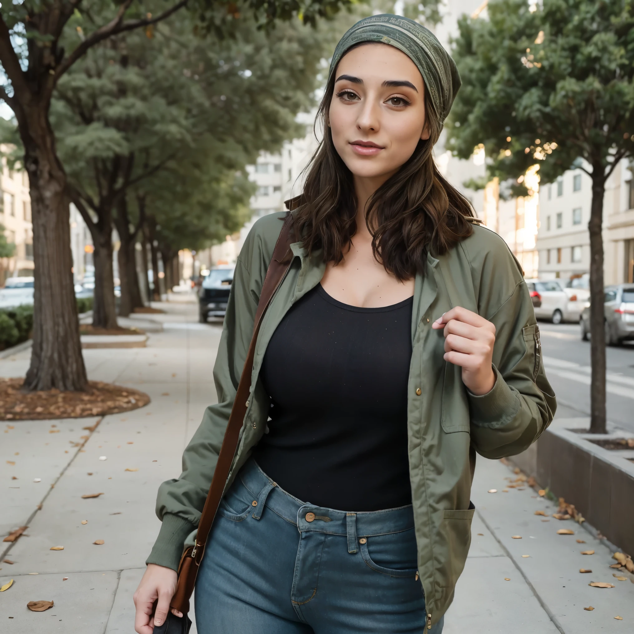 Extremely busty thin and toned brunette photographer, college girl, fair skin, loose side sweep, soft face, athletic, bandana babushka headwrap, tight olive green casual windbreaker, skinny jeans. standing in front of her apartment building, outdoors, city, camera bag, cleavage 